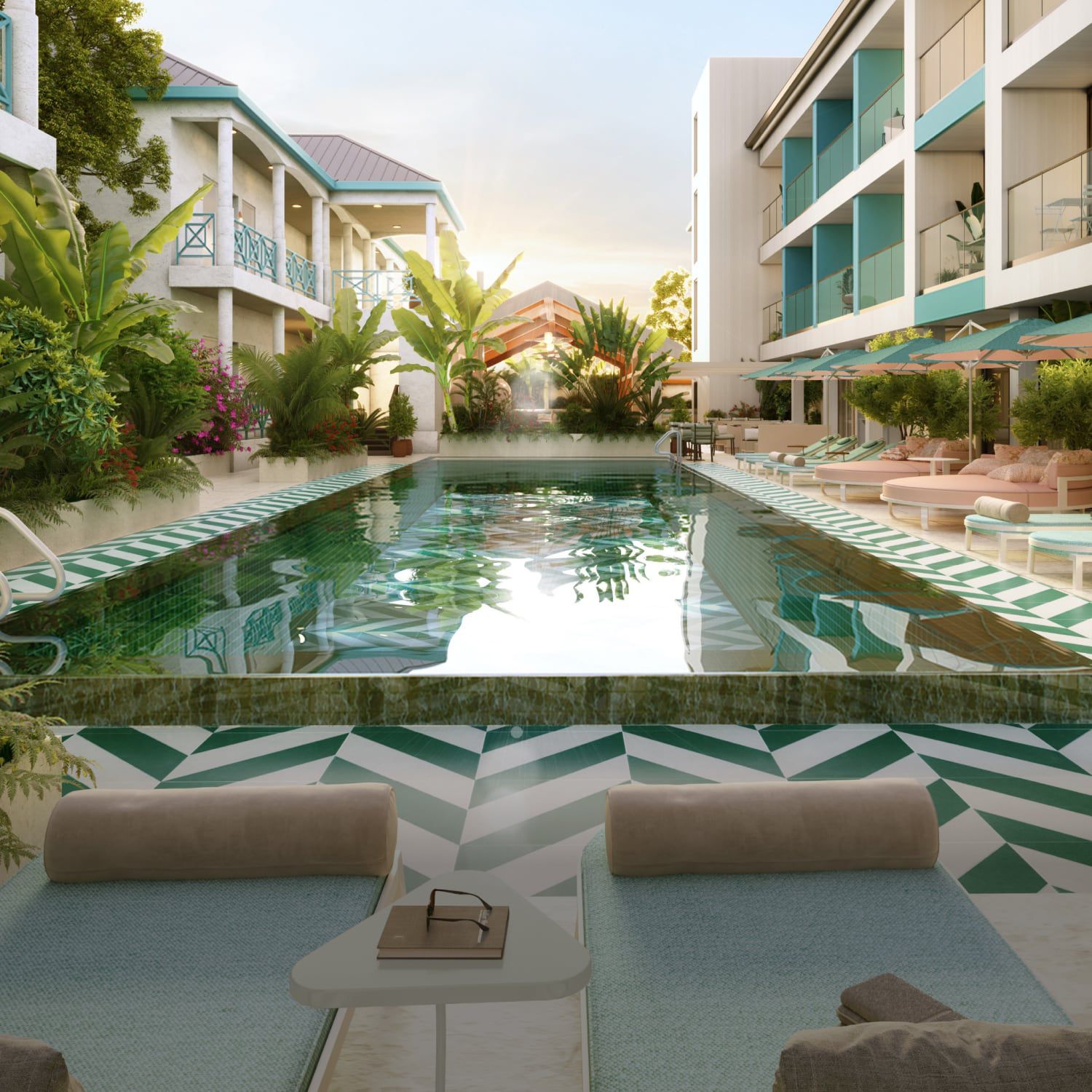 Sunlit pool courtyard at Hotel Indigo Turks & Caicos.