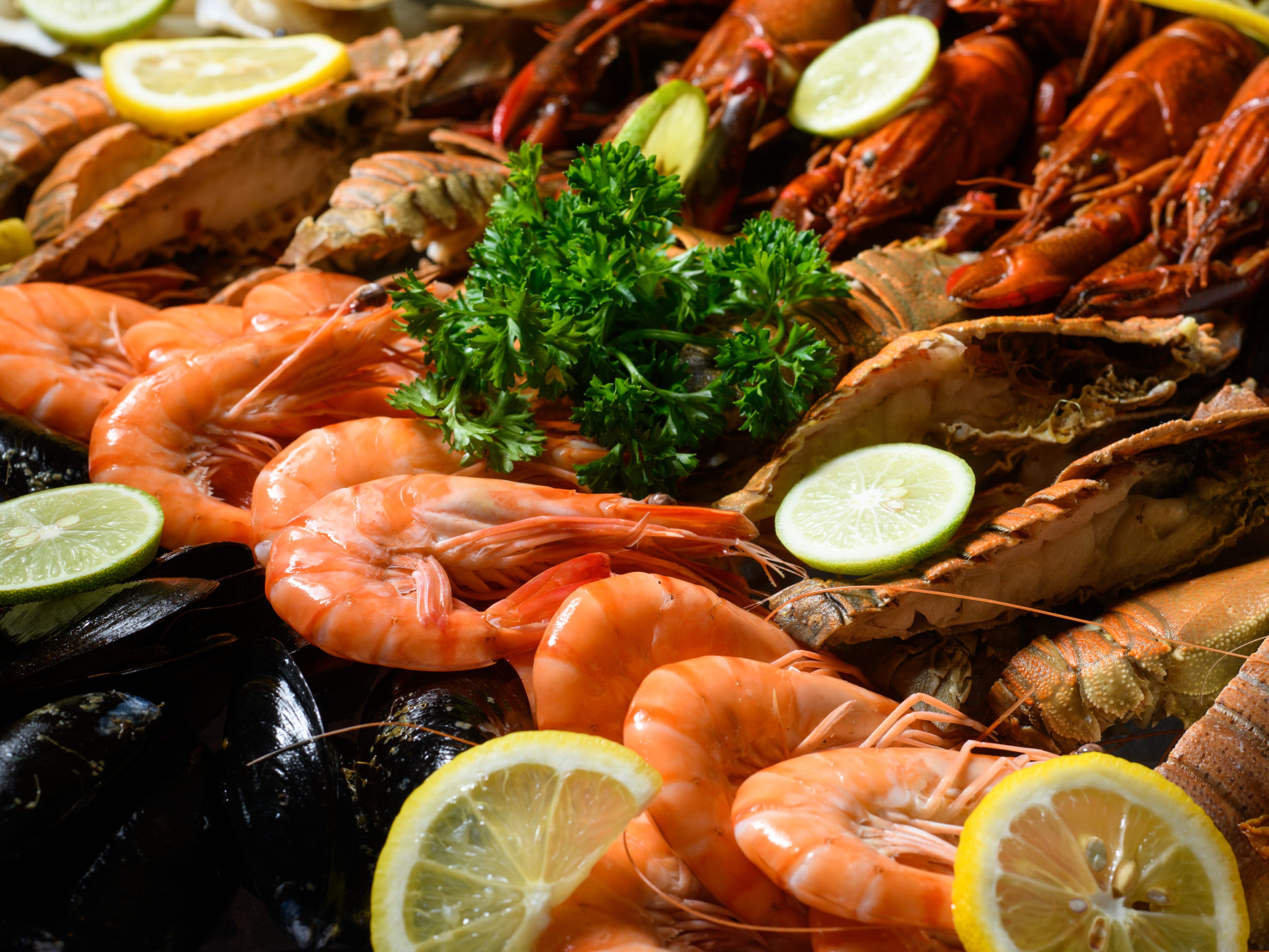 a variety of seafood on a platter