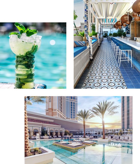 A cluster of images featuring the The Palazzo Tower at The Venetian Resort, a tranquil  pool view at The Venetian Resort, and the LOVE waterfall at The Palazzo