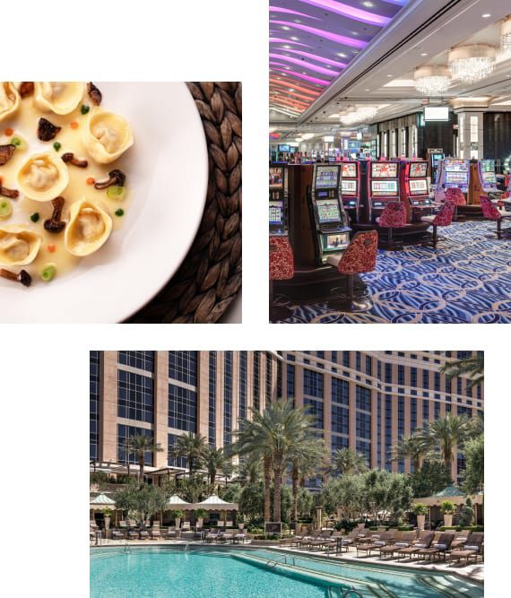 Clust of property images, showcasing food, casino, and pool
