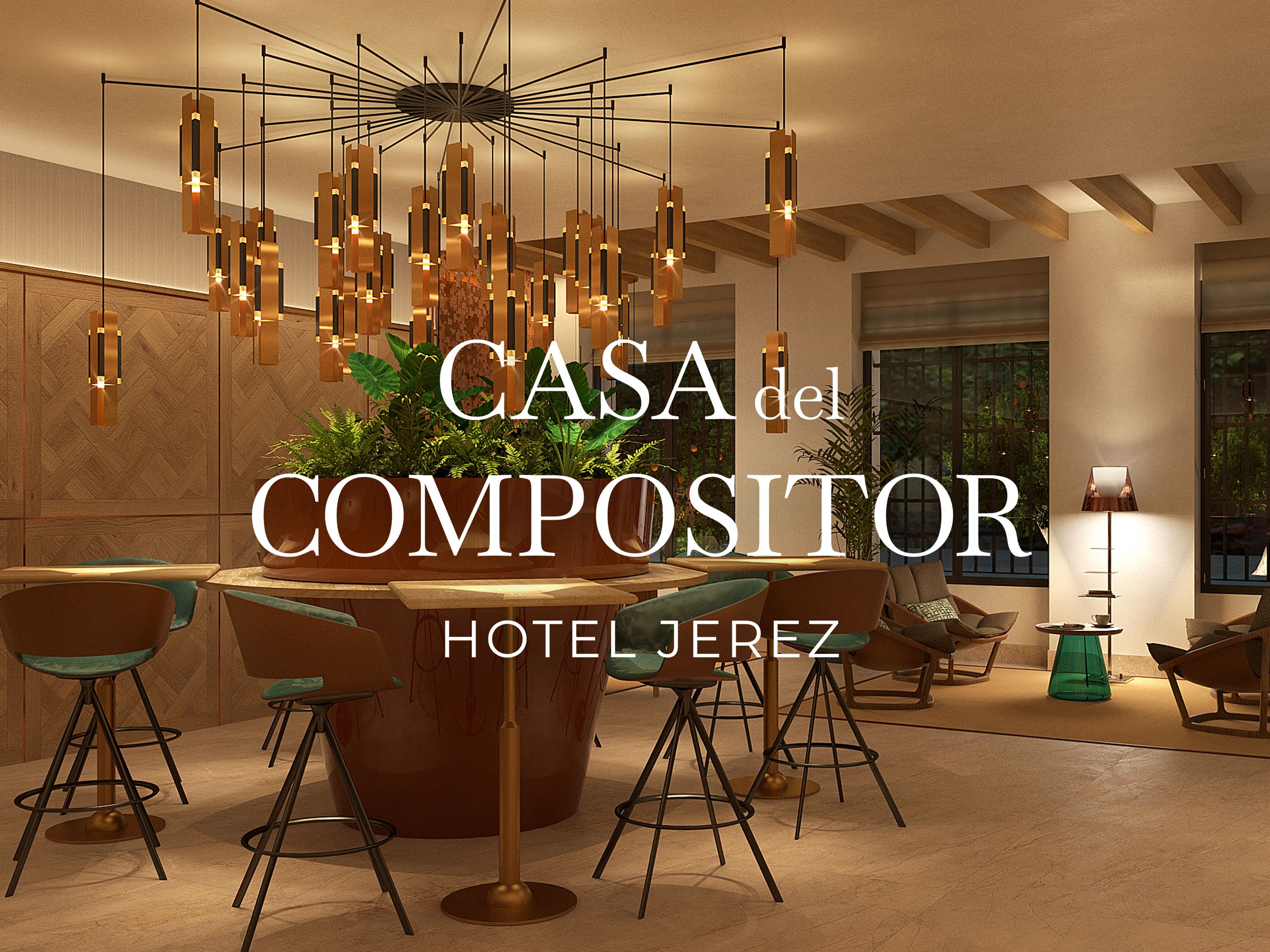 Modern hotel lounge with circular bar, green stools, and sculptural chandelier; overlaid logo for “Casa del Compositor – Hotel Jerez”