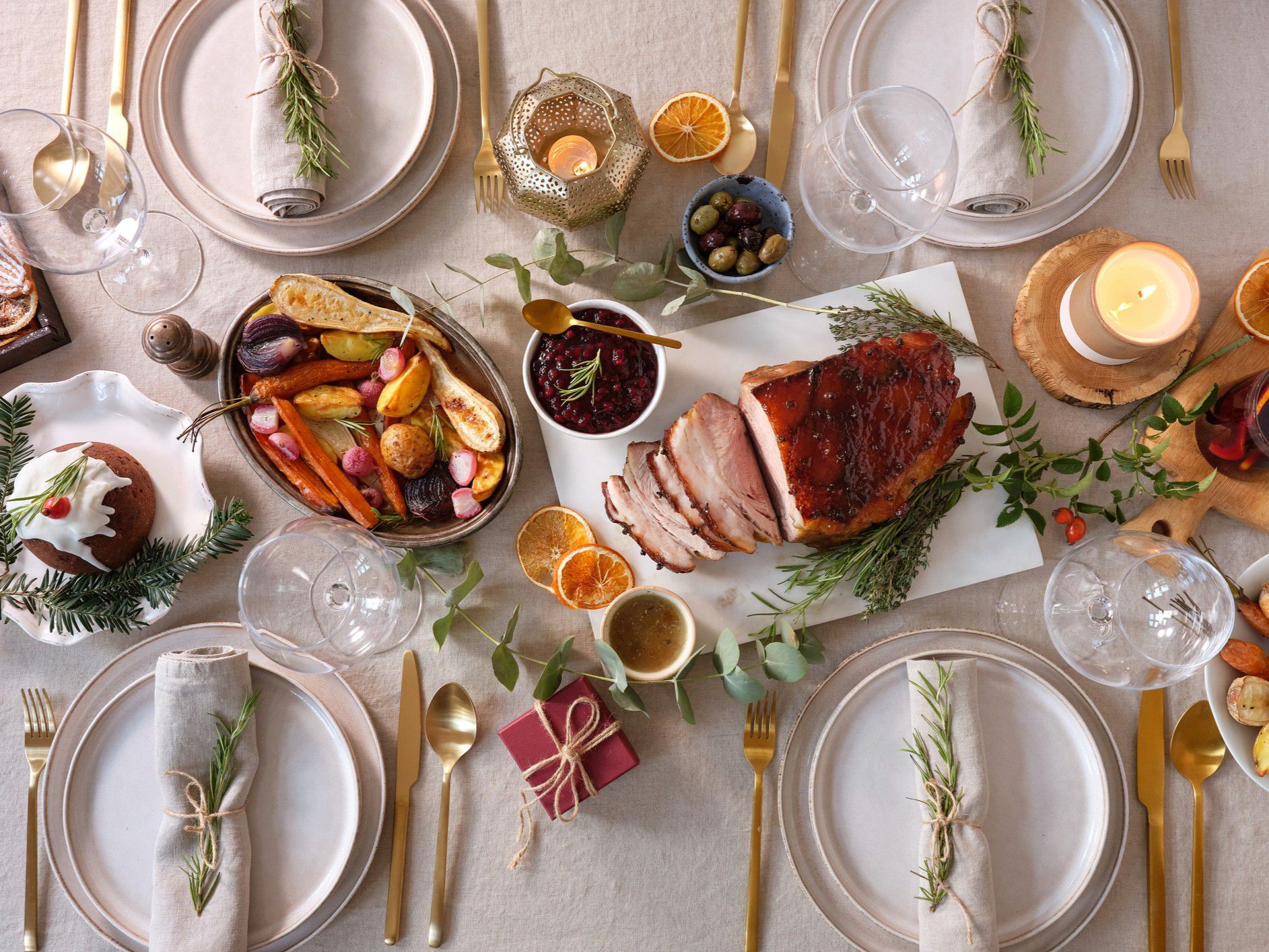 Christmas dinner with ham and roast vegetables