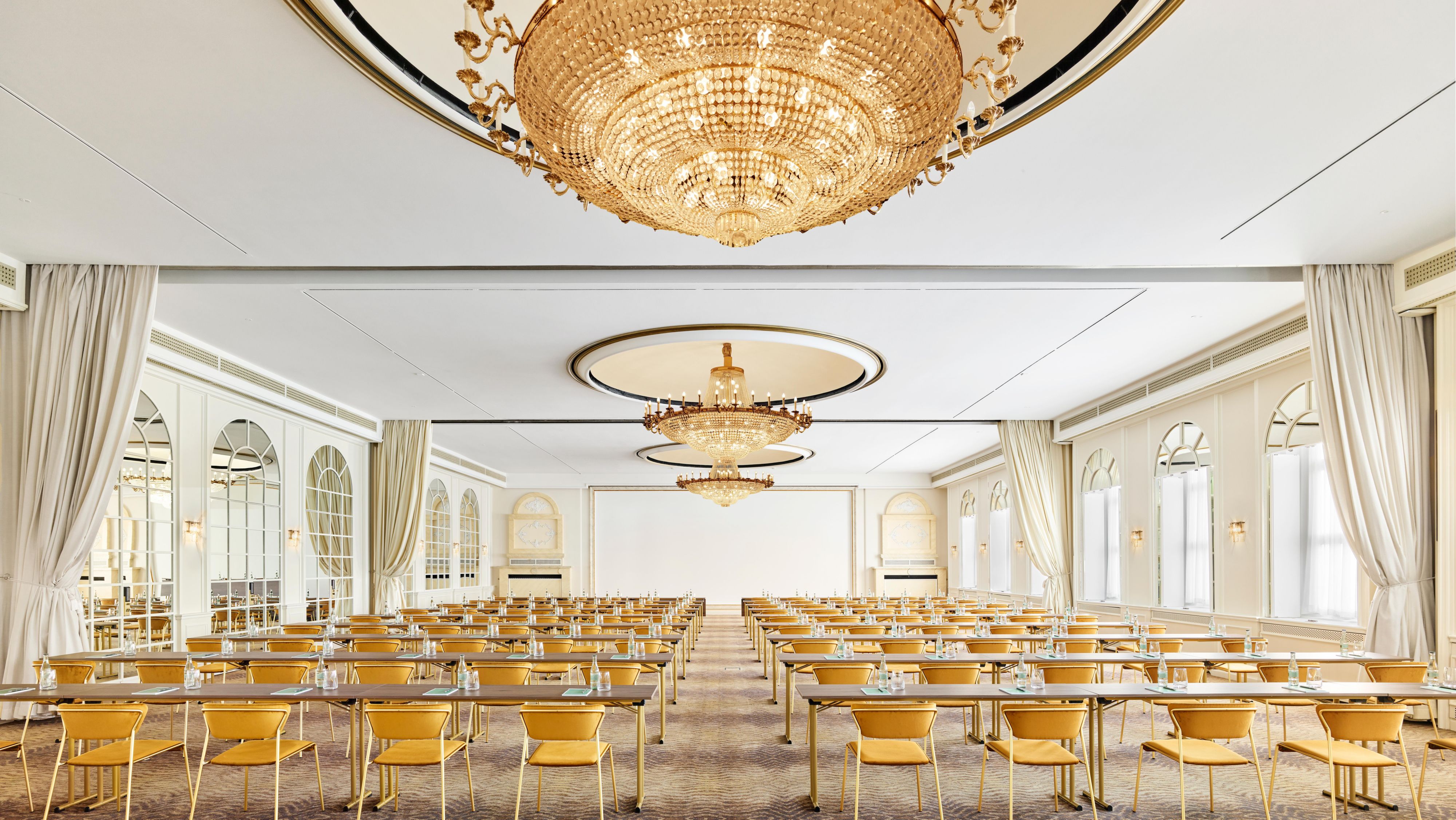 Ballroom set for conference with classic elegance