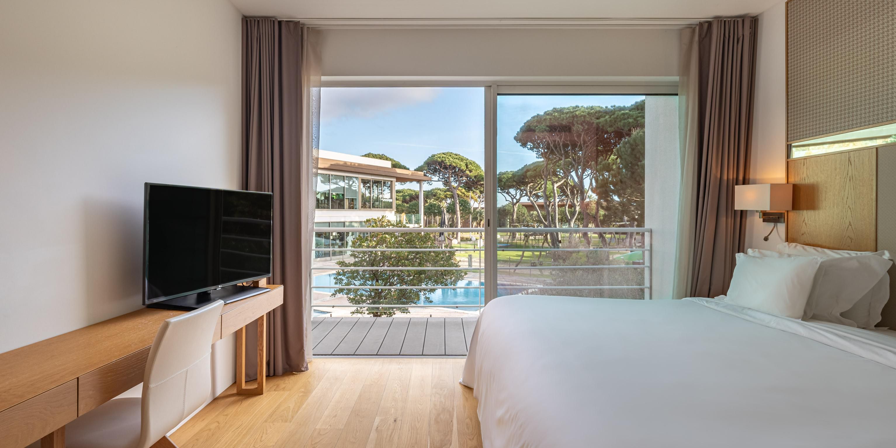 Relaxing bedroom with pool view
