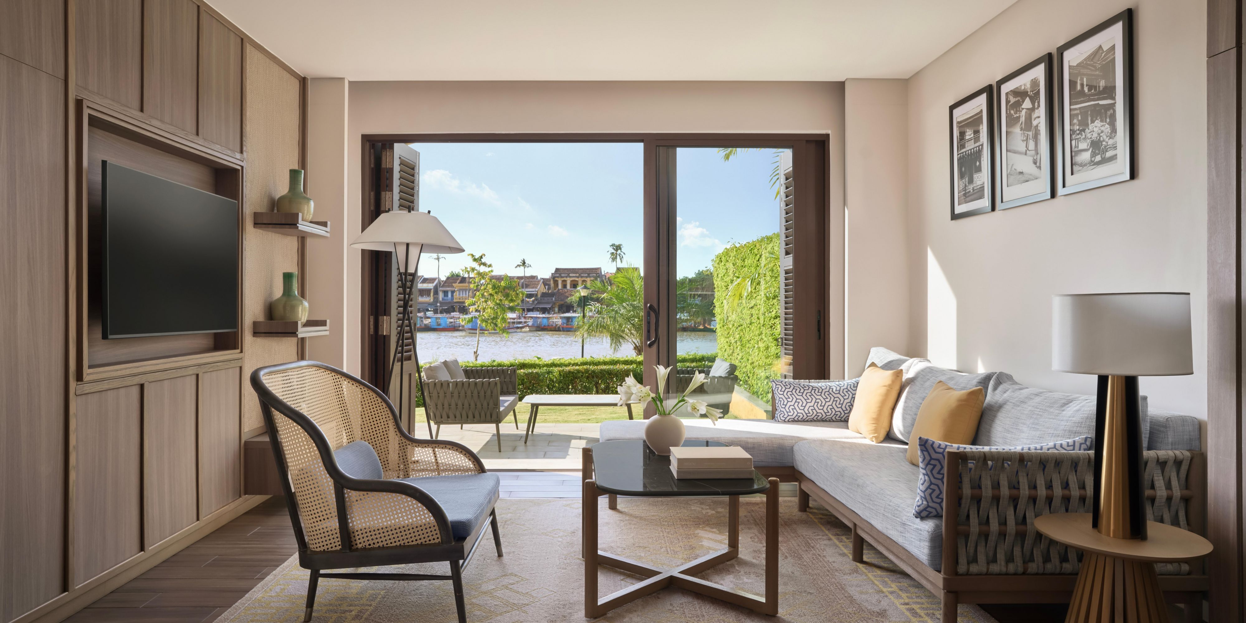 Villa living room with river views and elegantly fluid open design