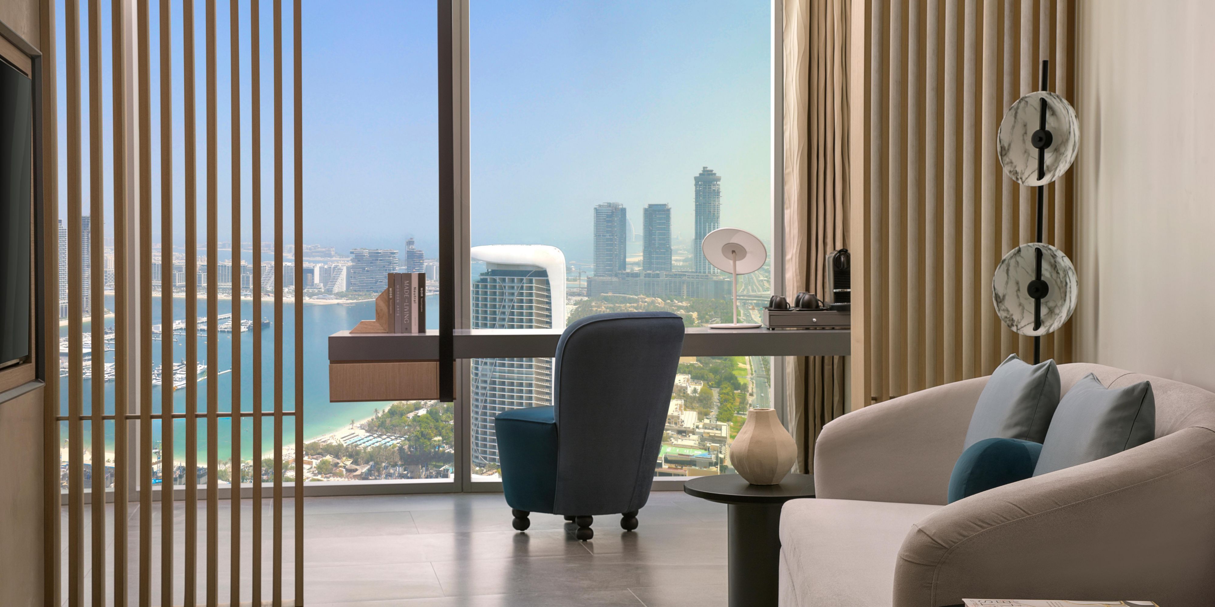 A refined and focused workspace framed by the city