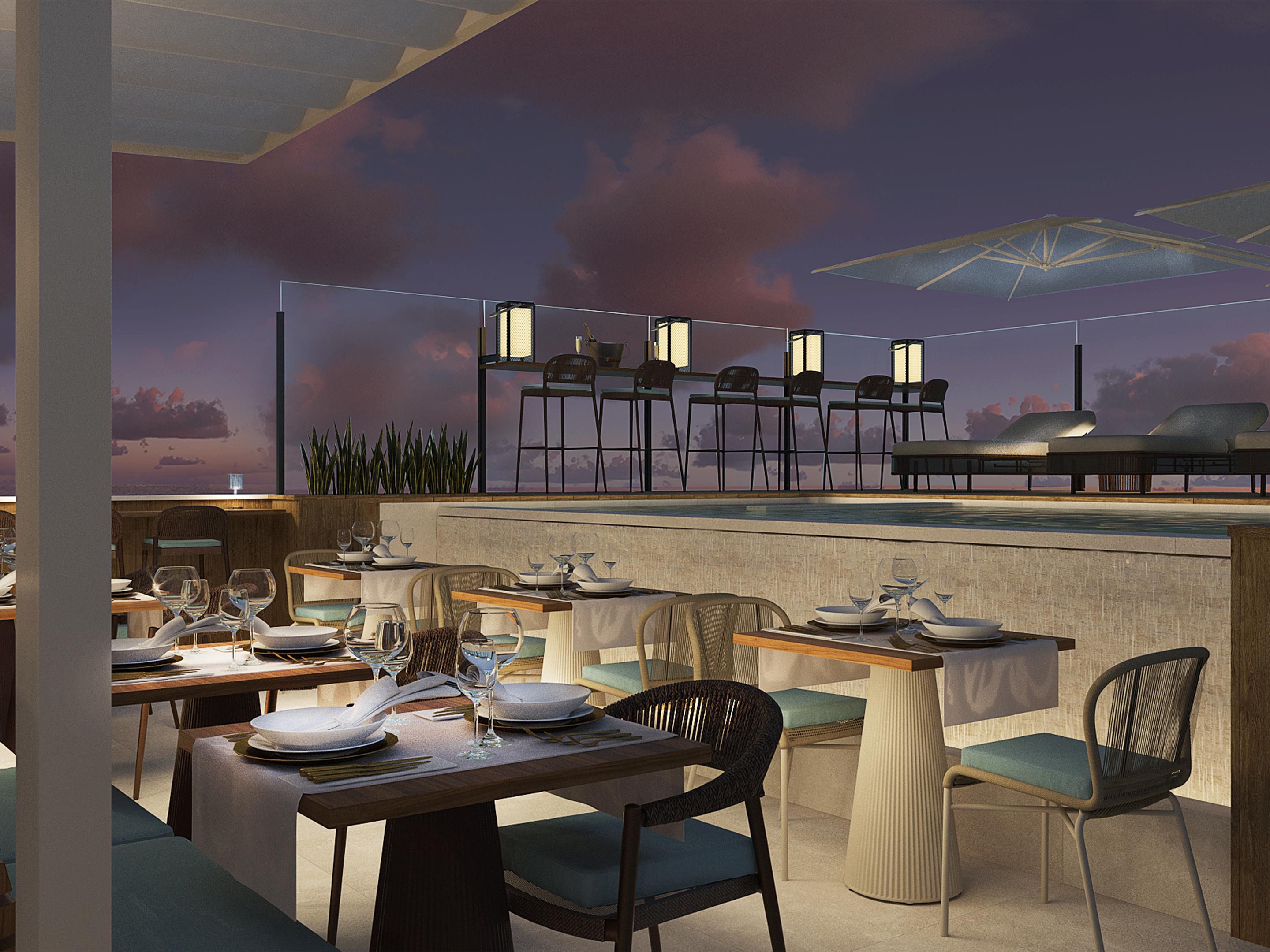 A wonderful view from our restaurant with a rooftop pool
