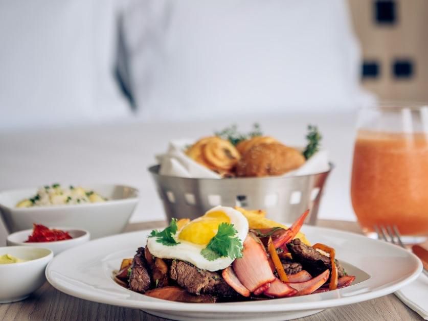 Delicious room service consisting of steak and eggs