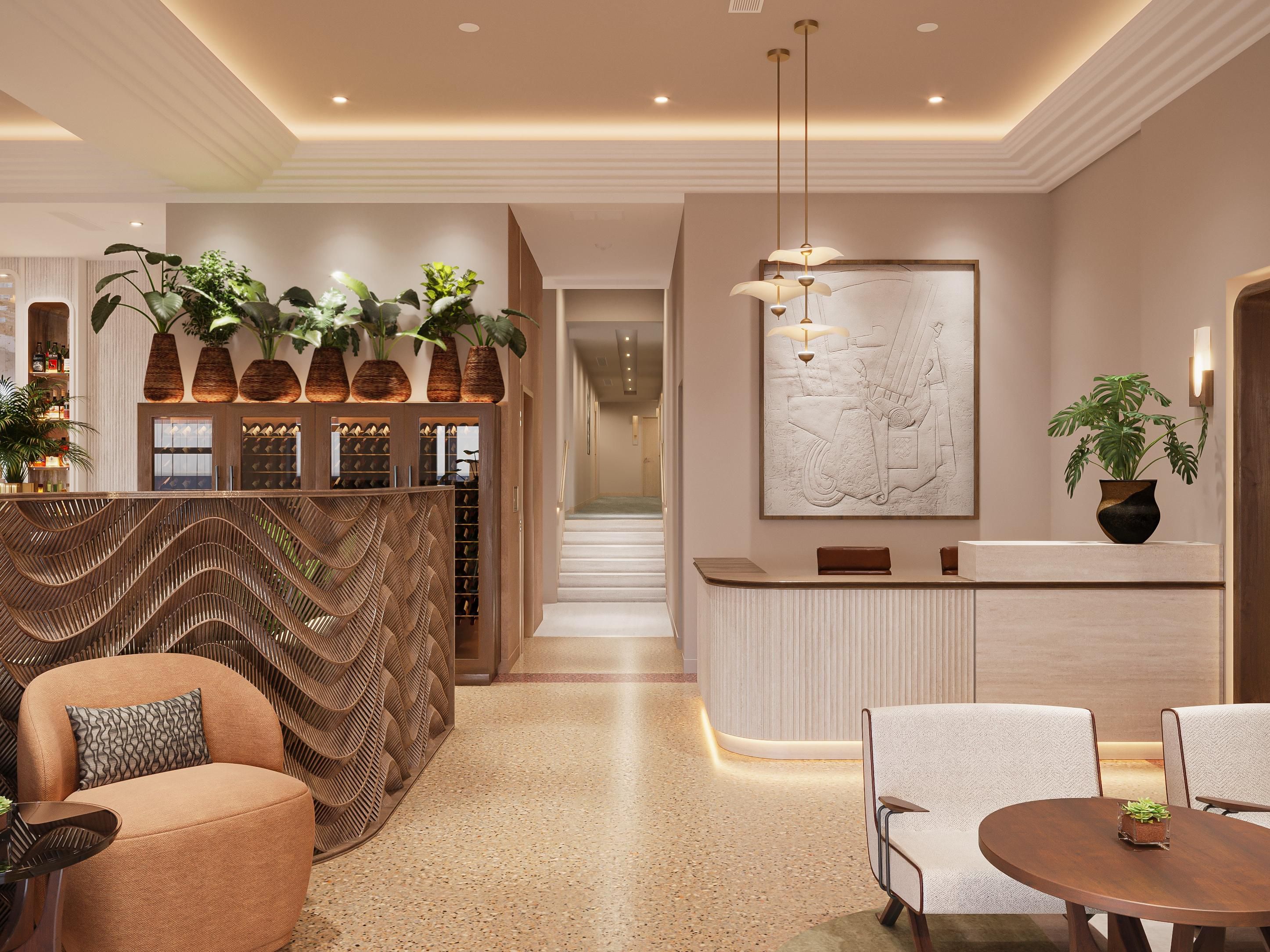 Hotel desk and bar.