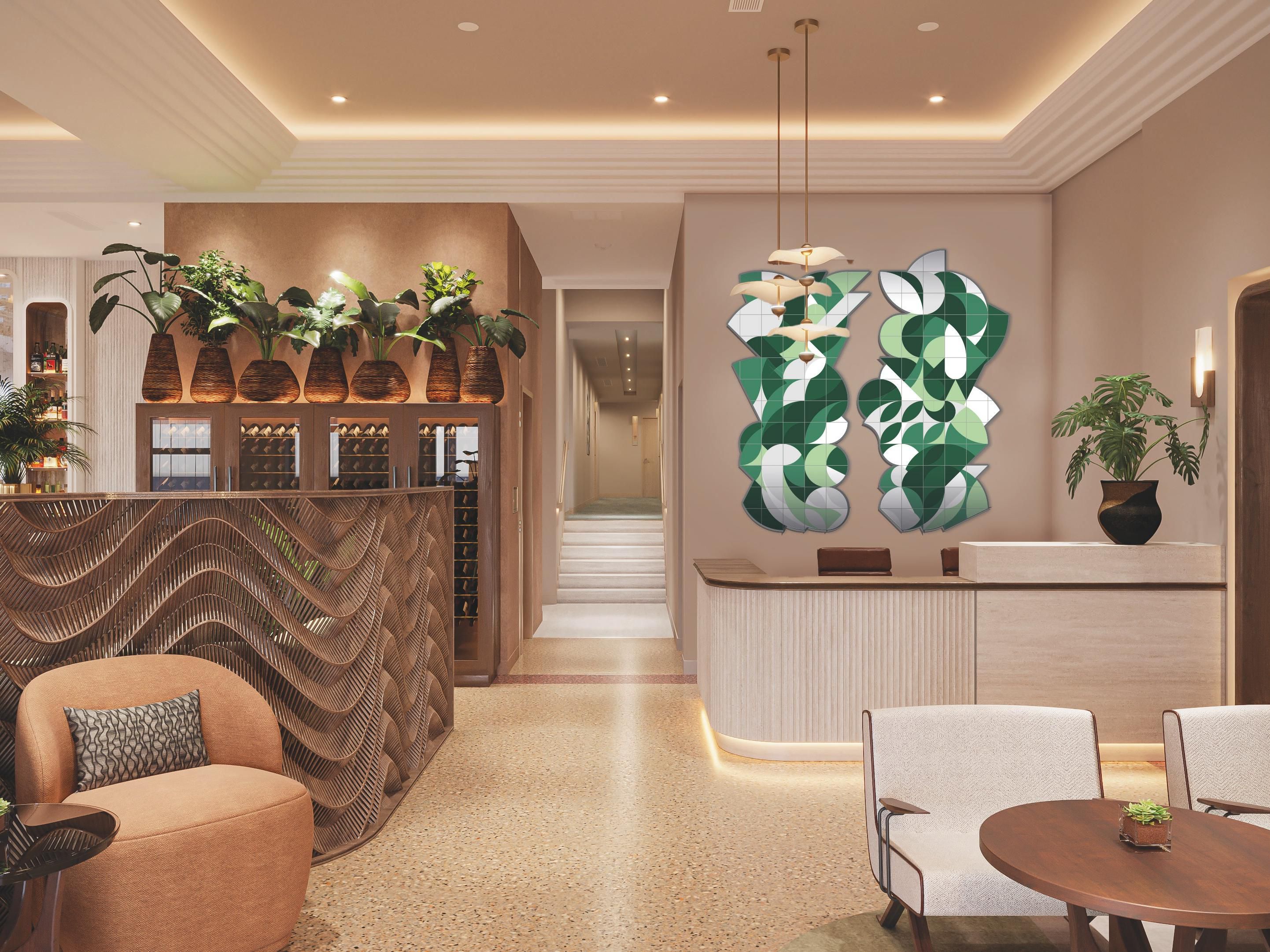 Green mosaic panels and a curved reception welcome guests warmly.