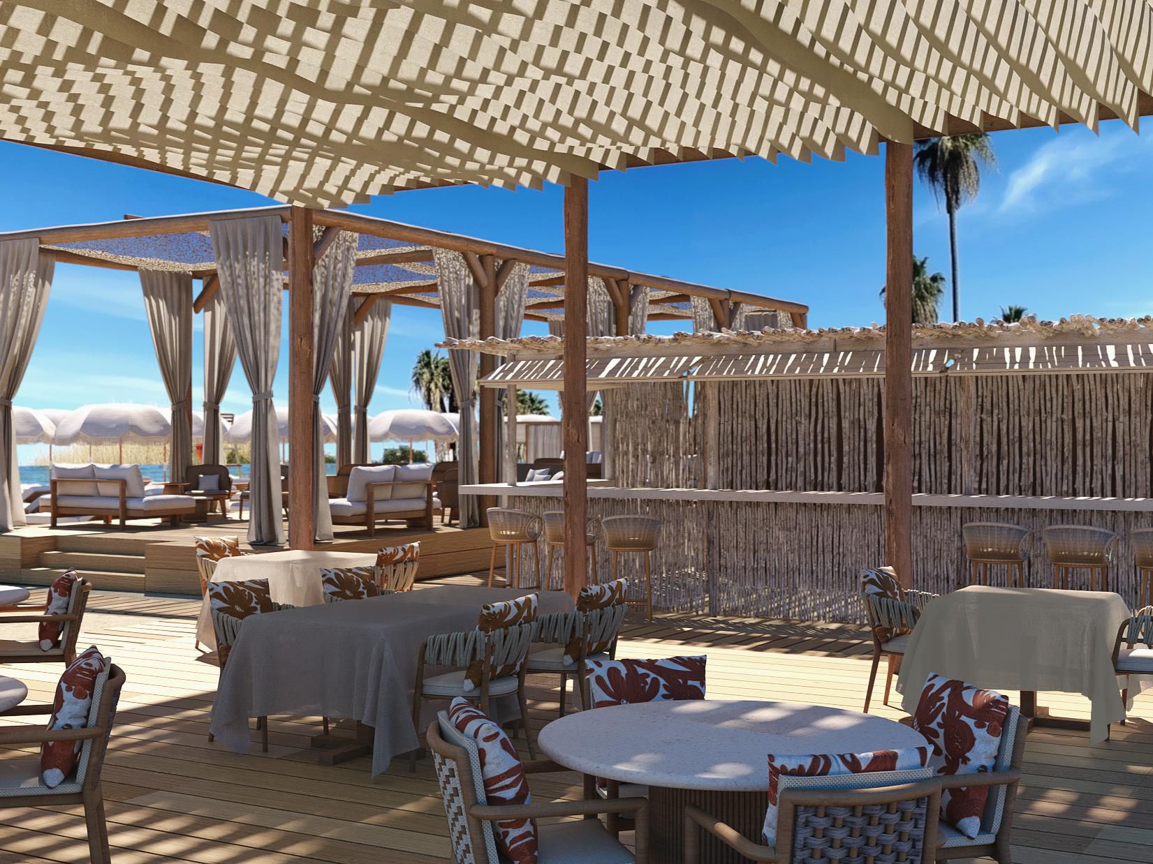 Beach club terrace with wooden pergola and sea views