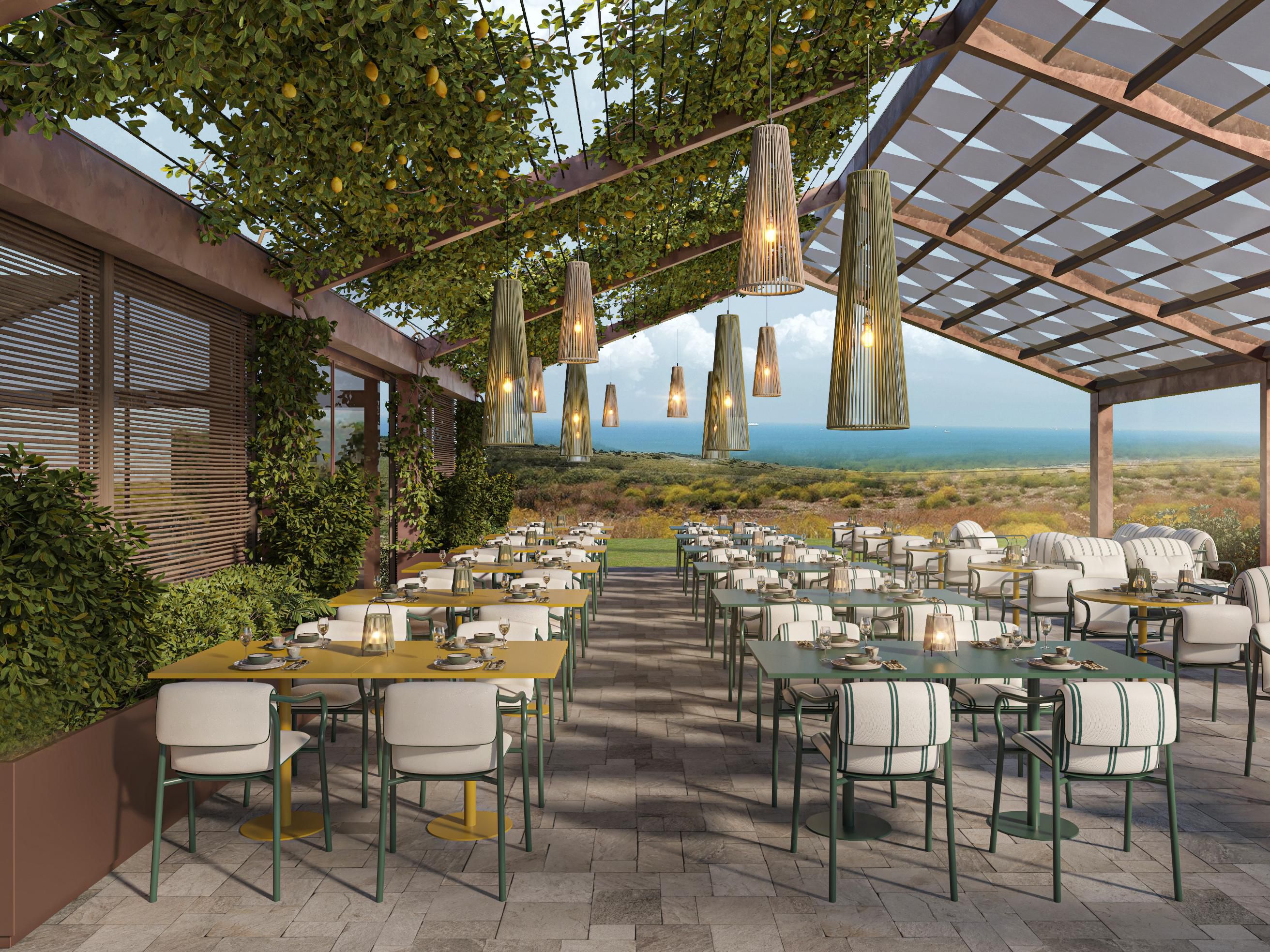 Outdoor dining terrace with pergola and panoramic sea views