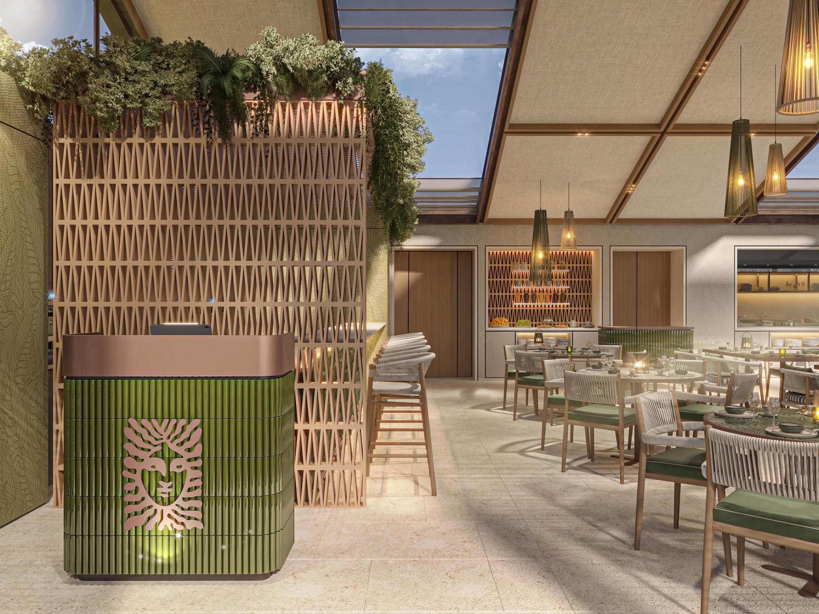 Indoor restaurant with open ceiling and warm lighting