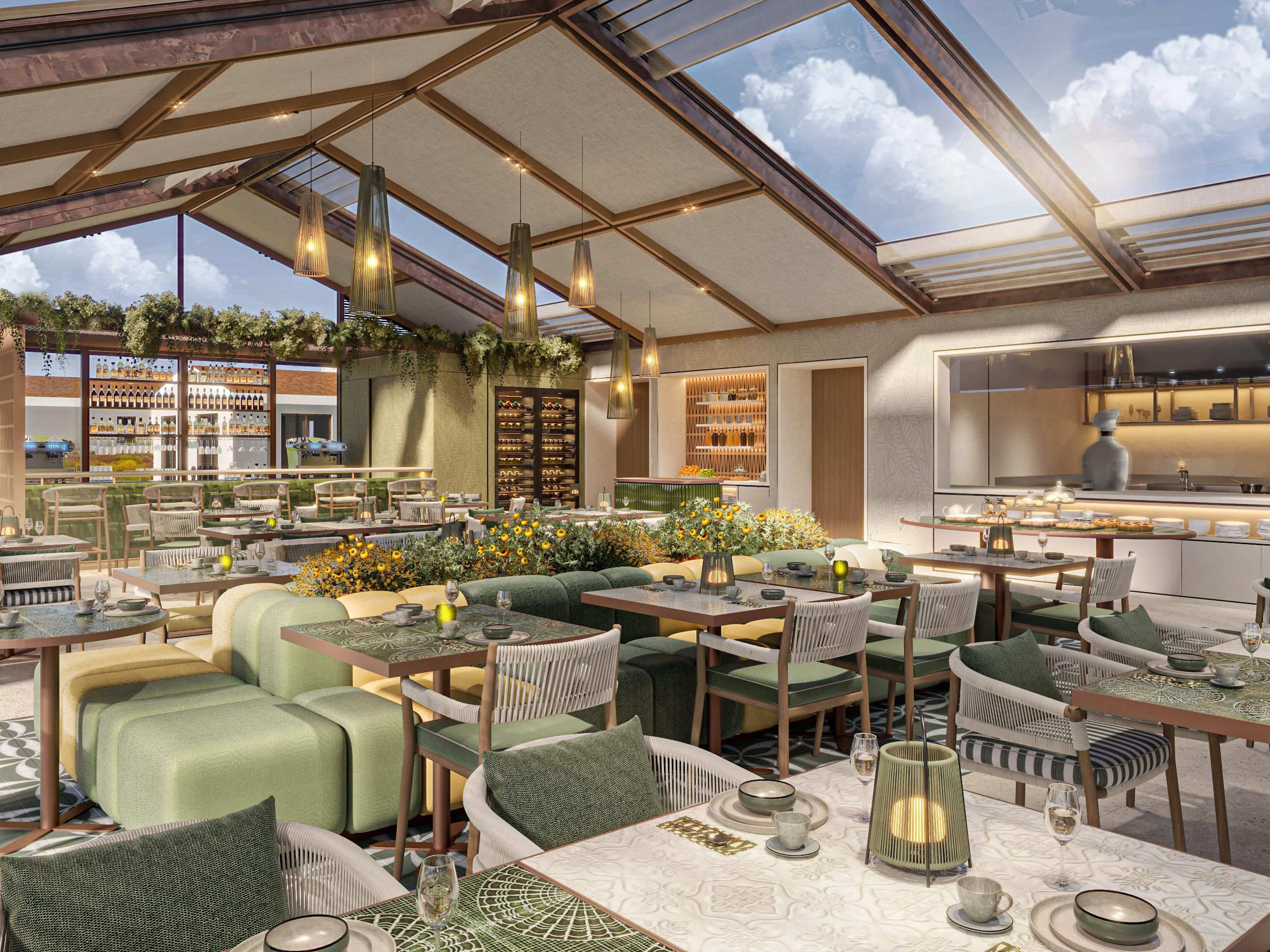 Spacious restaurant interior with skylights & garden accents 