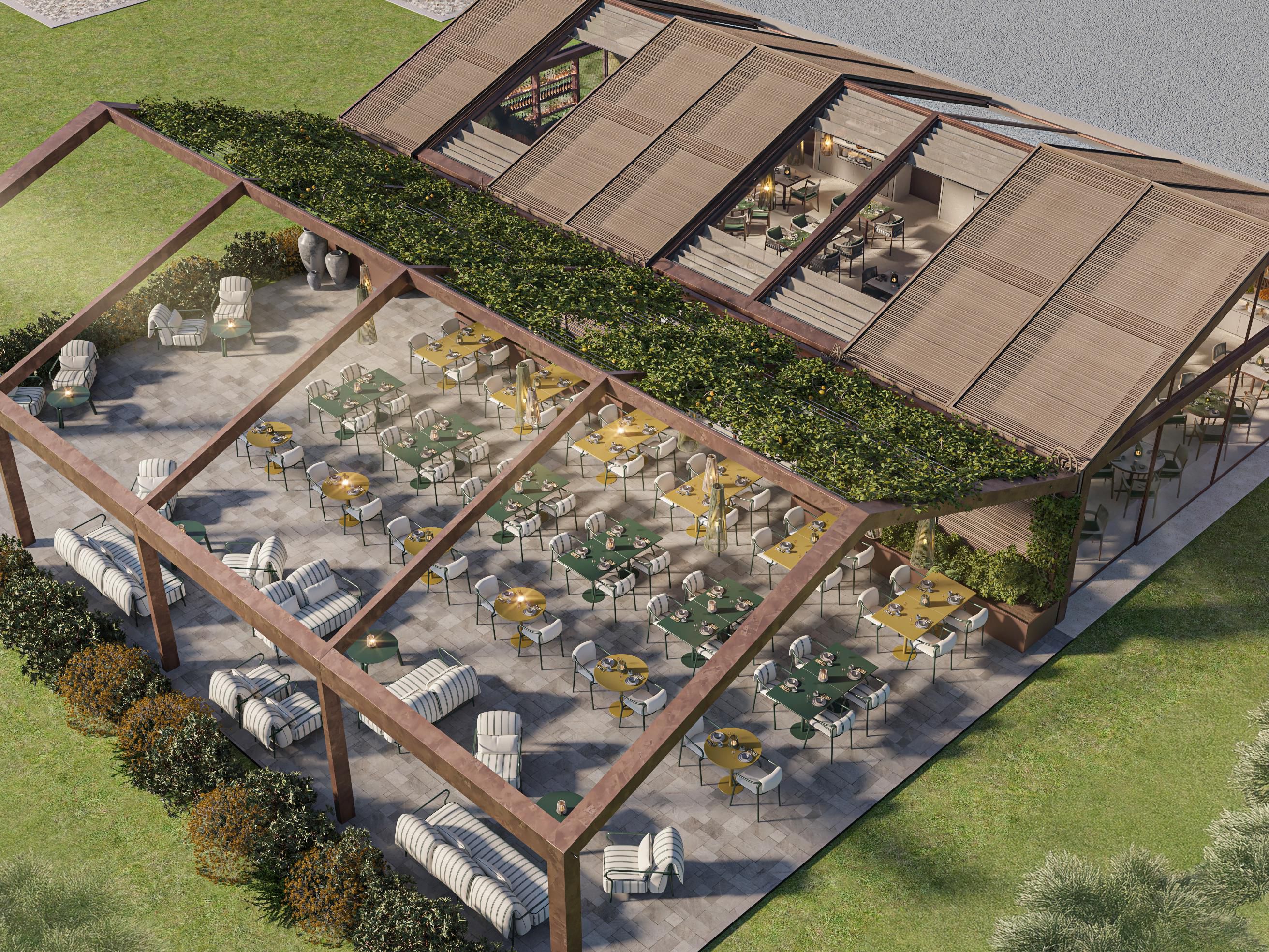 Open-air event space with garden setting set for a group occation