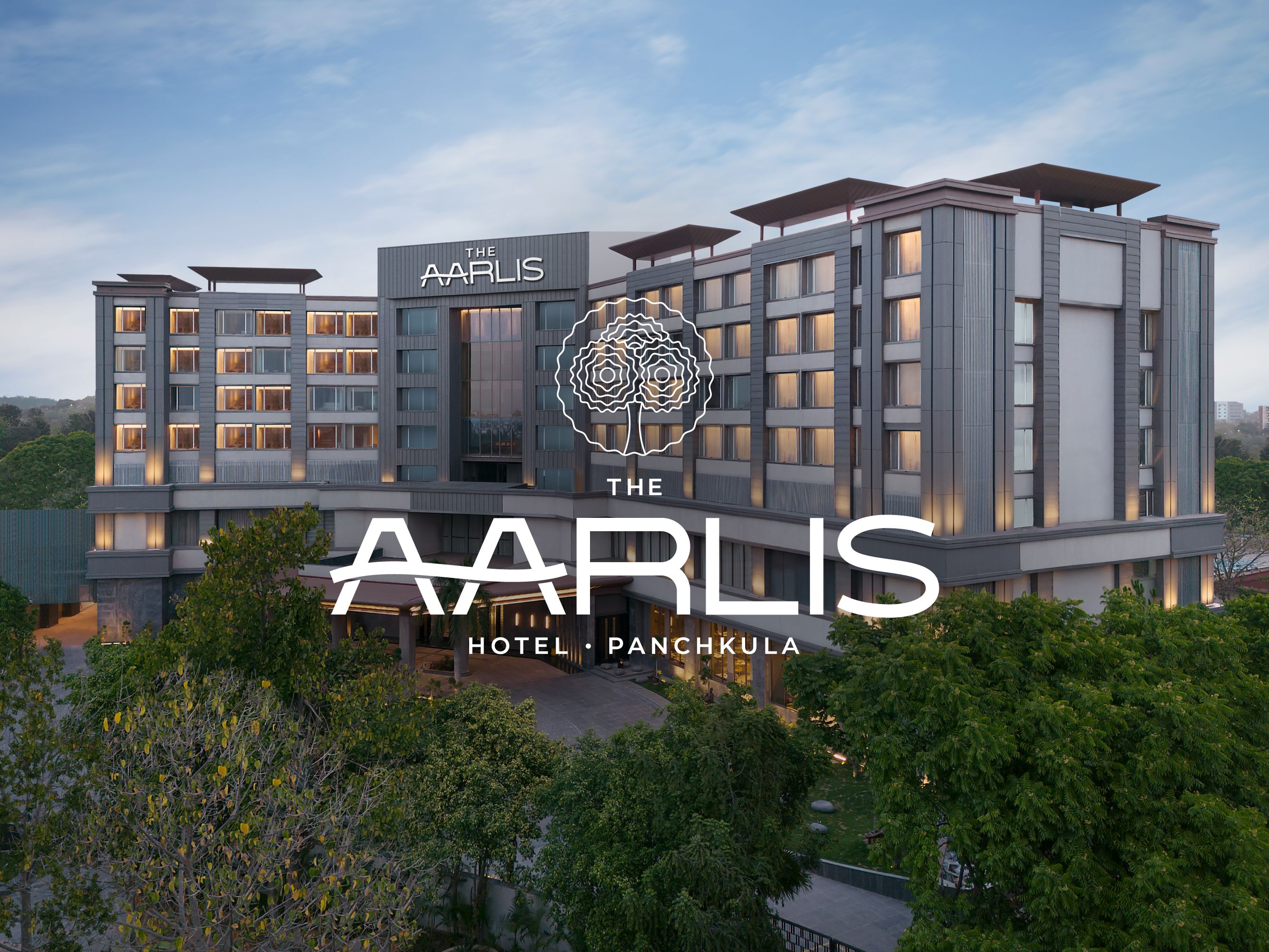 A white property logo is overlaid onto an image of the exterior of The Aarlis Hotel Panchkula.