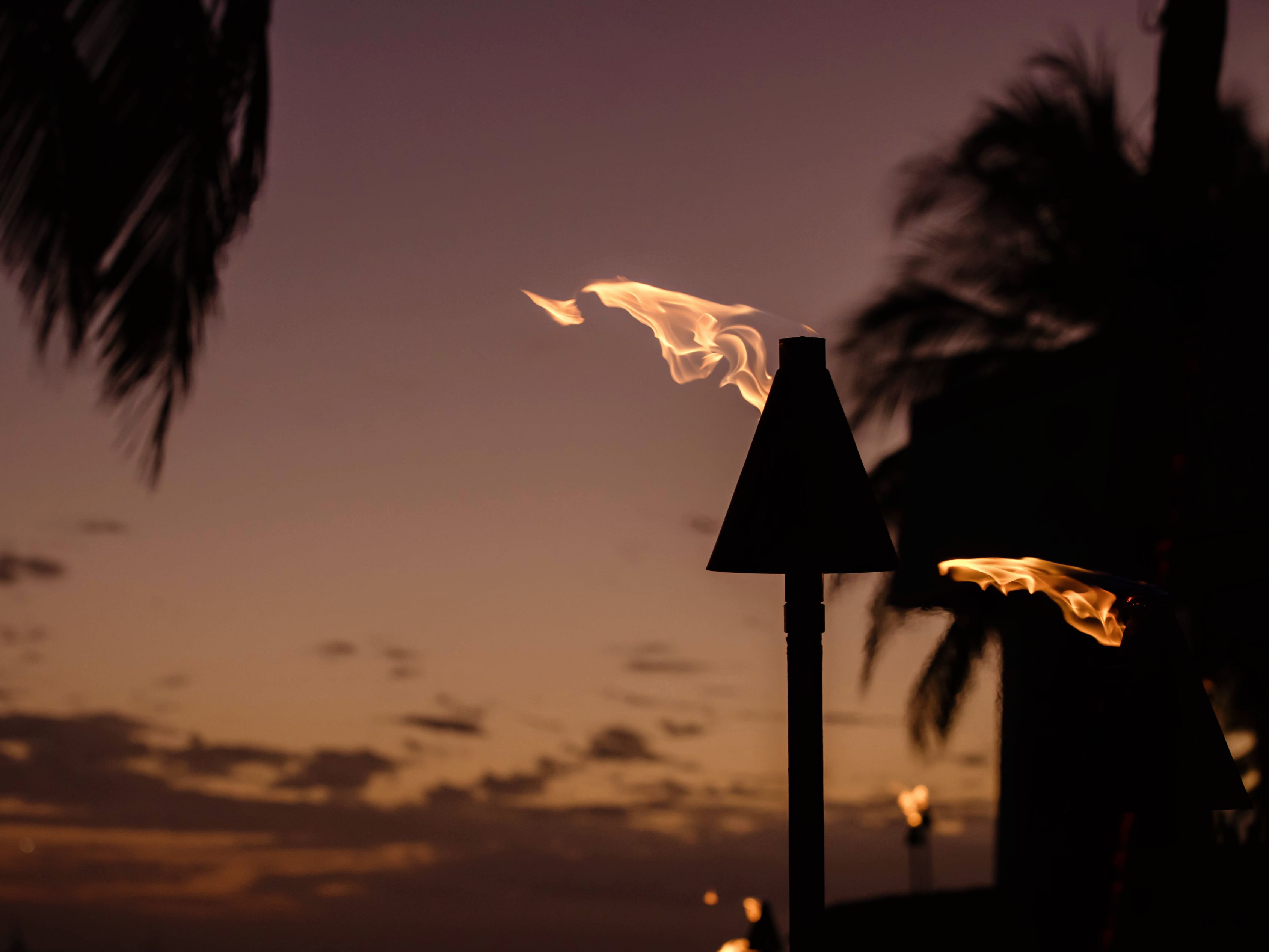 Tiki torch on the beach at night