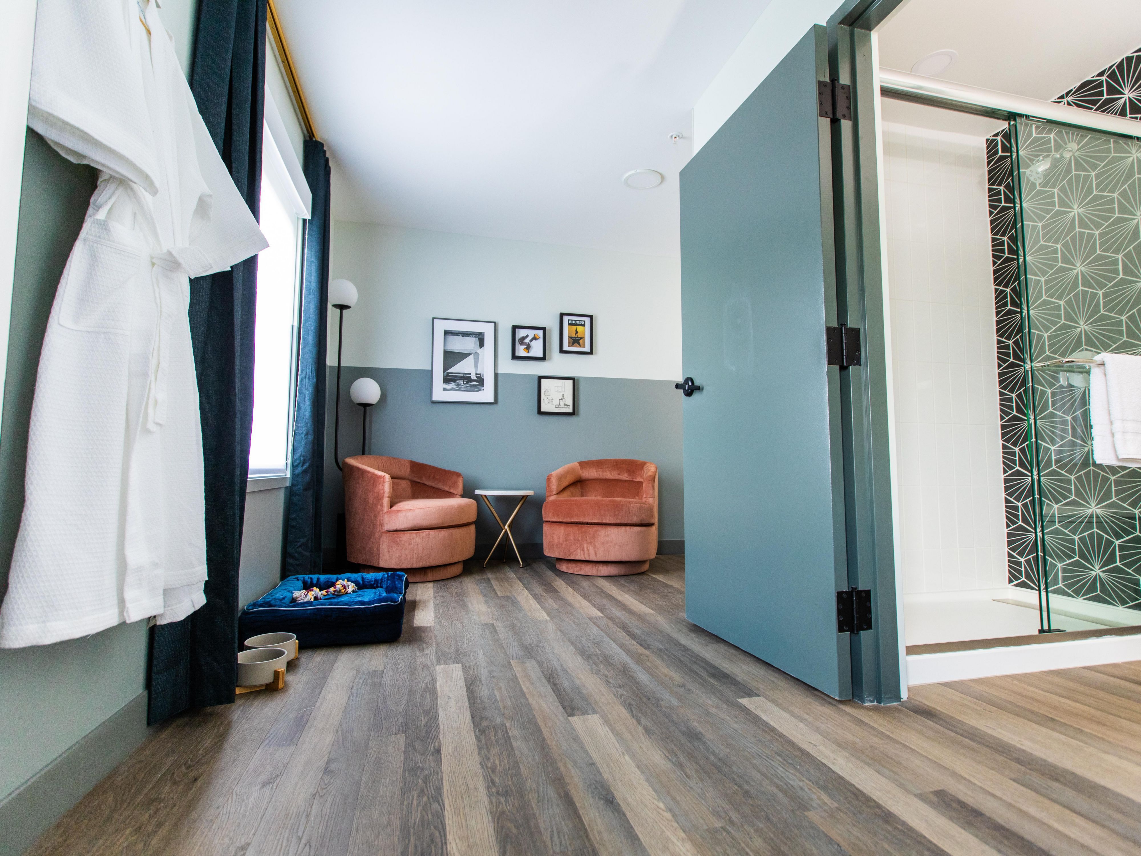 Shower, comfy chairs and dog bed in Darwin Suite