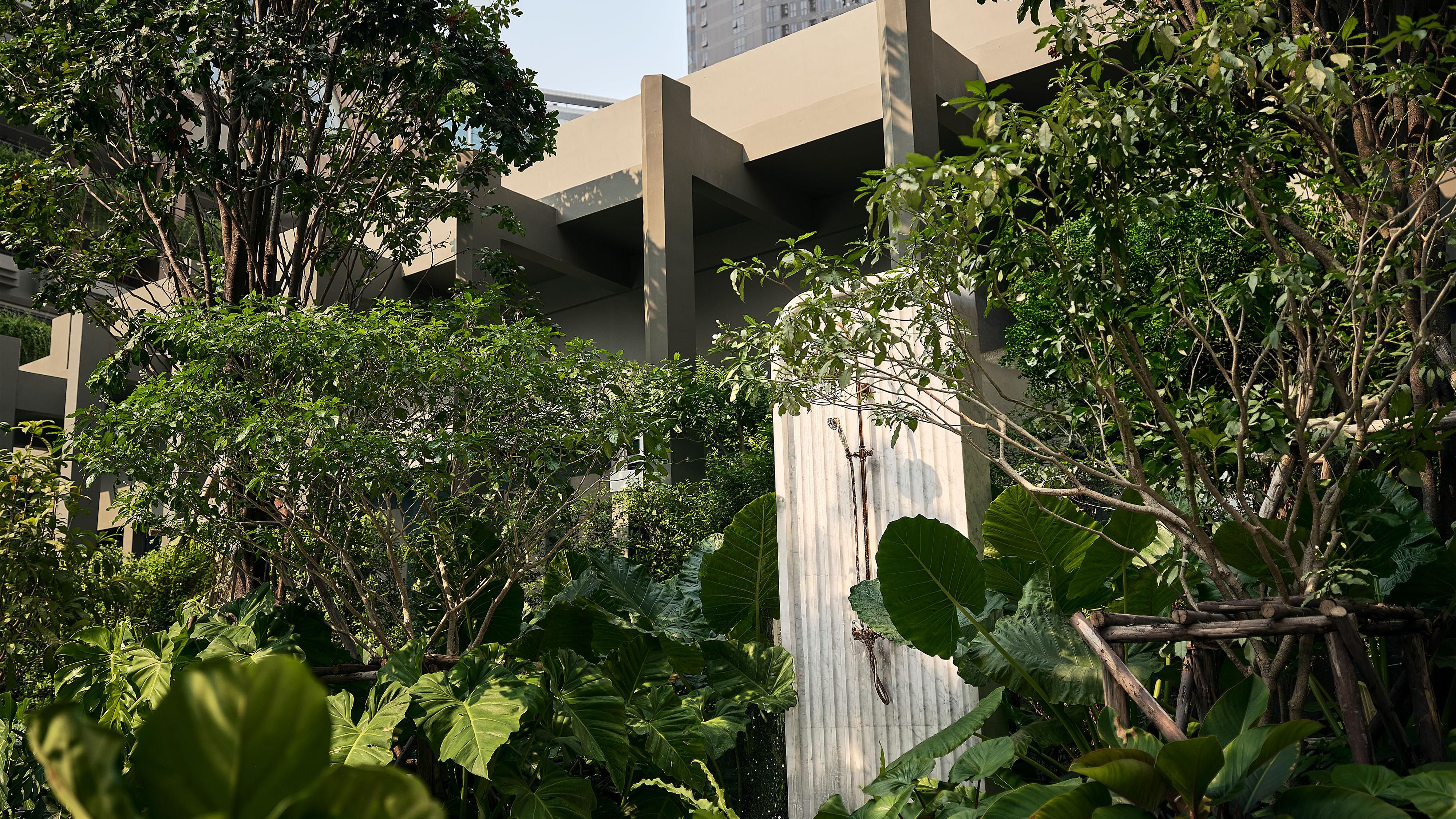 Landscaped garden pathway surrounded by lush greenery and trees.