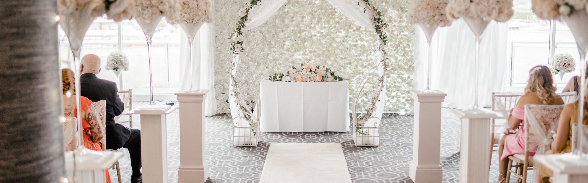 Banquet room dressed up for a wedding