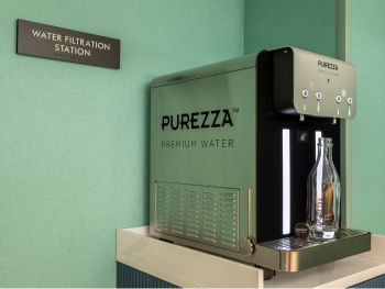 Sustainable water filtration systems are located thorughout the hotel