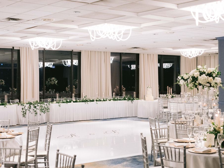 Ballroom with round tables, a dance floor, and table set for the bride and groom