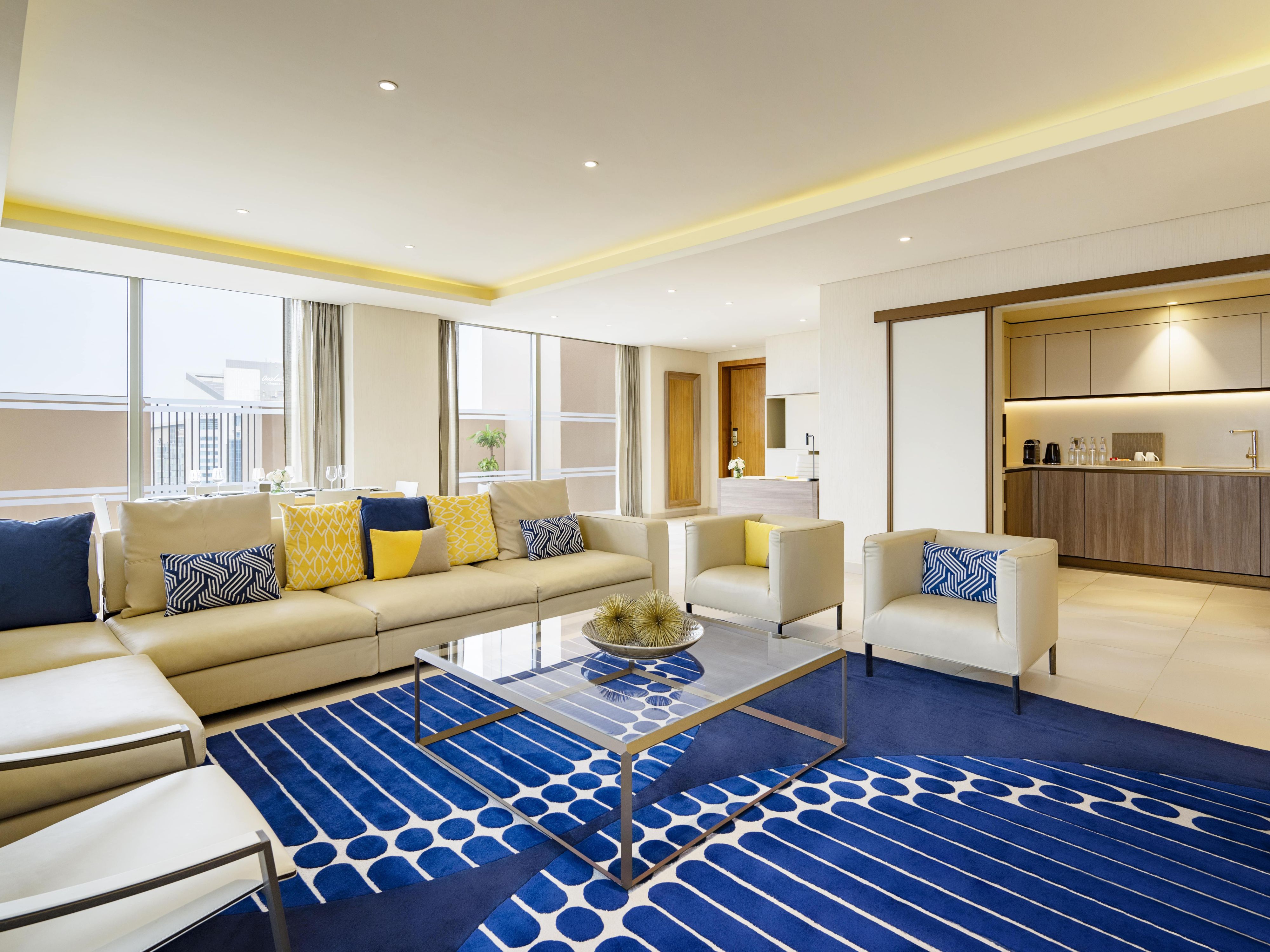 Step into our penthouses, among the most exclusive suites in Doha, featuring expansive living spaces and panoramic views. Elegantly designed, each penthouse includes a spacious living room, dining area, fully-equipped kitchen and three bedrooms. Pamper yourself in luxurious bathrooms, outfitted with bathtubs and rain-showers.