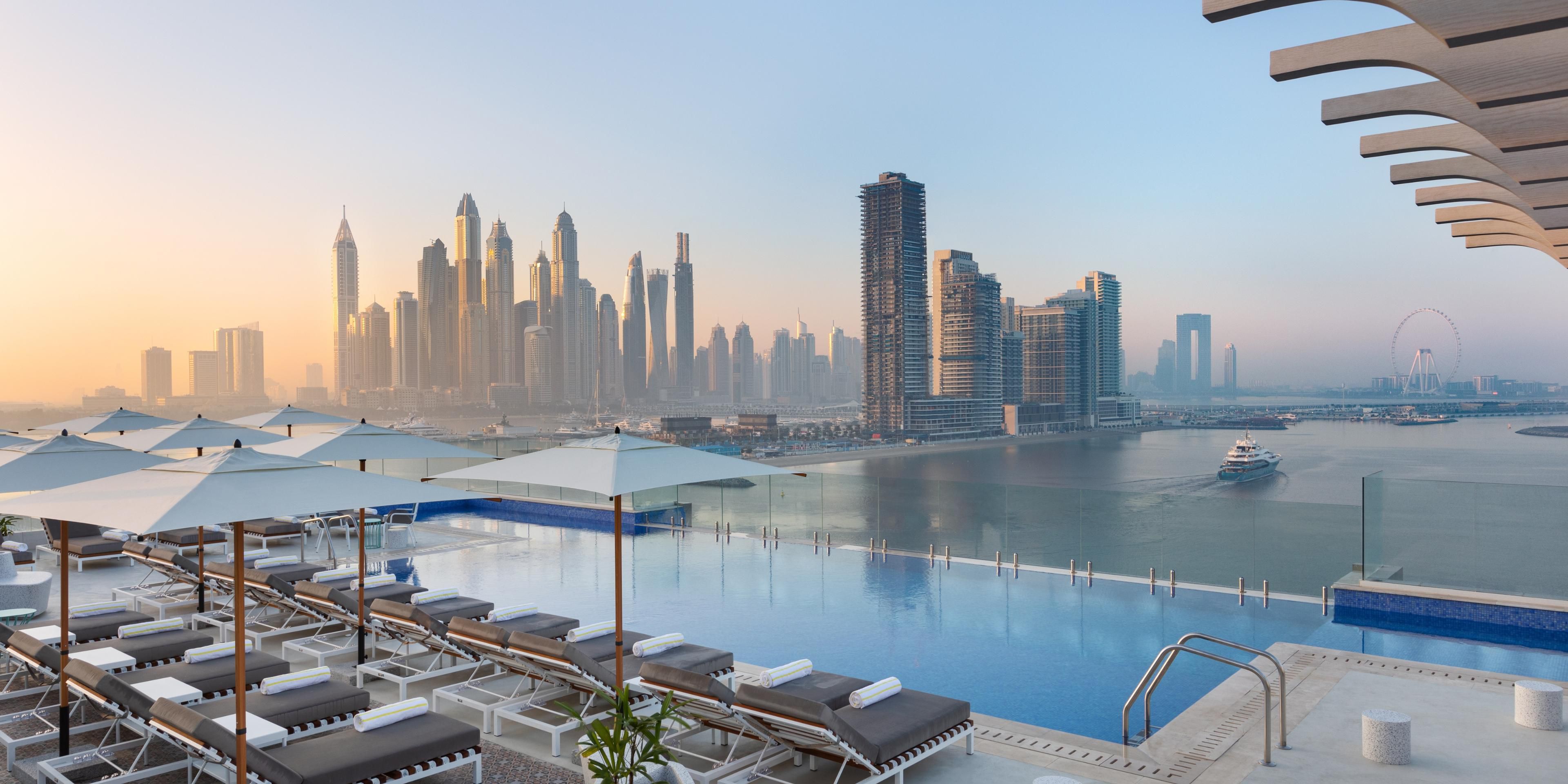 Catch the sunset by our rooftop infinity pool with stunning skyline views of the Dubai Marina skyline, the Ain Dubai and the waters of the Arabian Gulf. Limited food and beverage options will be offered by the pool.