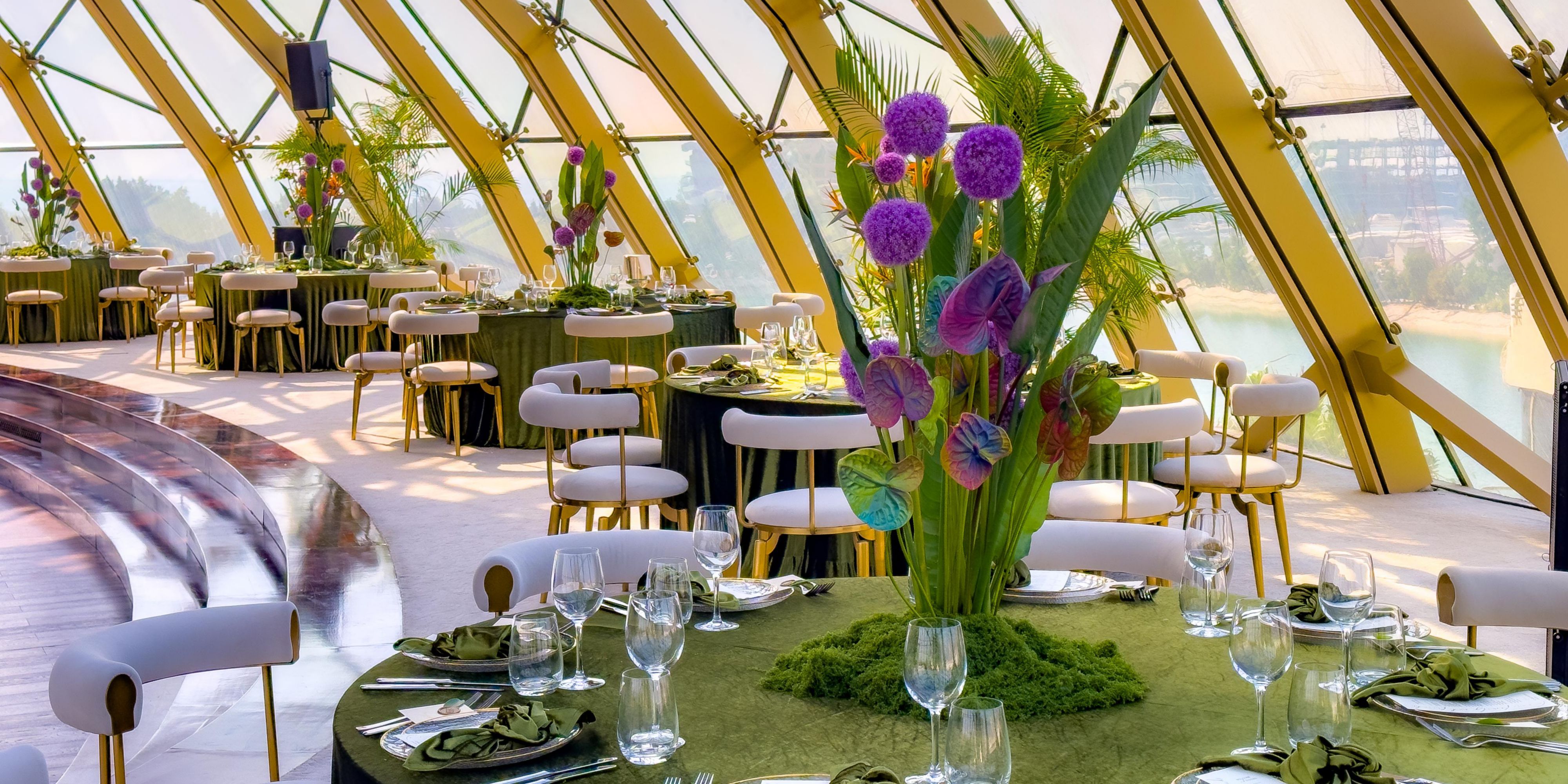 Celebrate your special day at Sweden Beach Palace, a luxurious venue furnished by Bentley with stunning views of Dubai’s skyline. This fairytale-inspired, six-floor palace, surrounded by pristine beaches and exotic gardens, is perfect for weddings and events. Capacity: 150 guests.