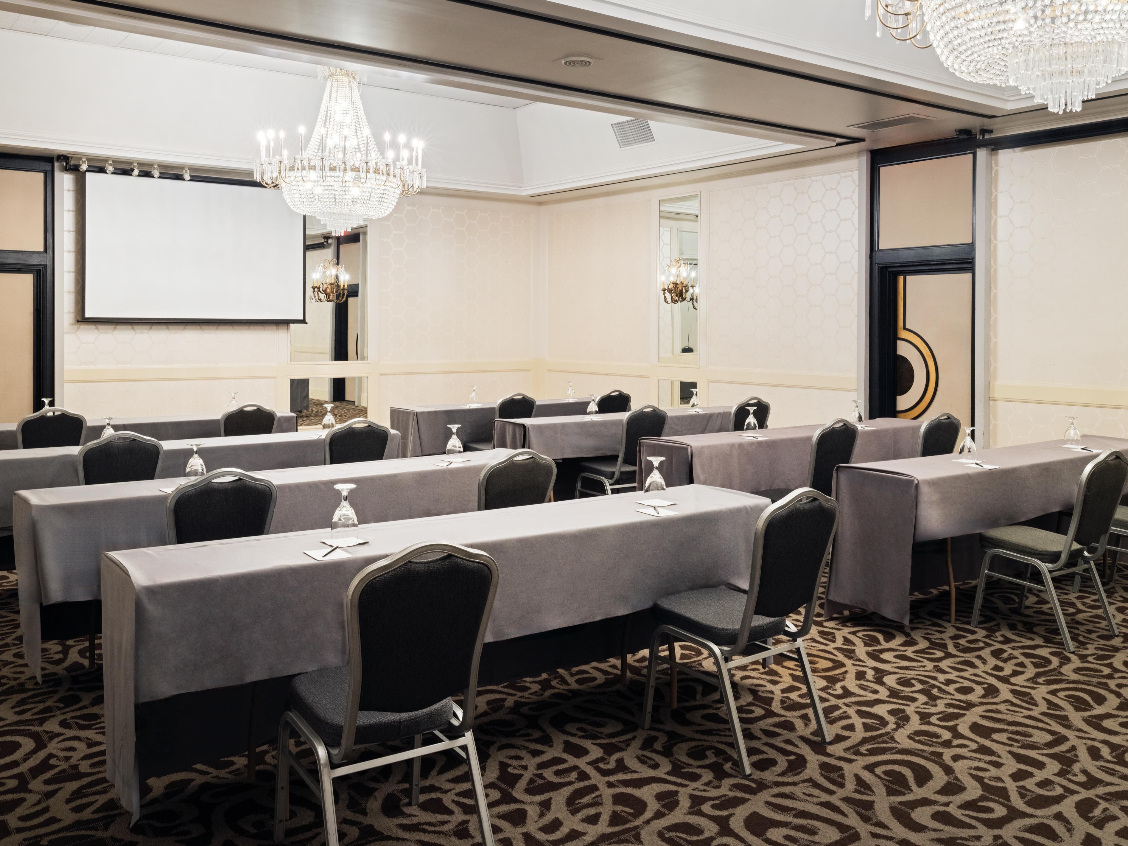 Large meeting space with beautiful chandeliers 