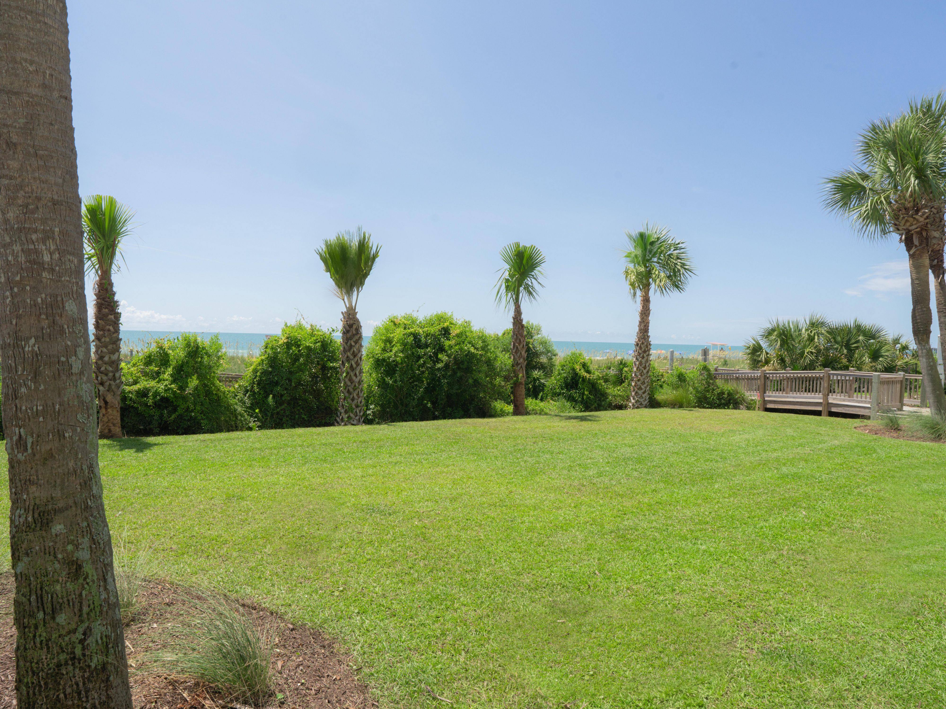 Green space outside the hotel's beach walkway. 