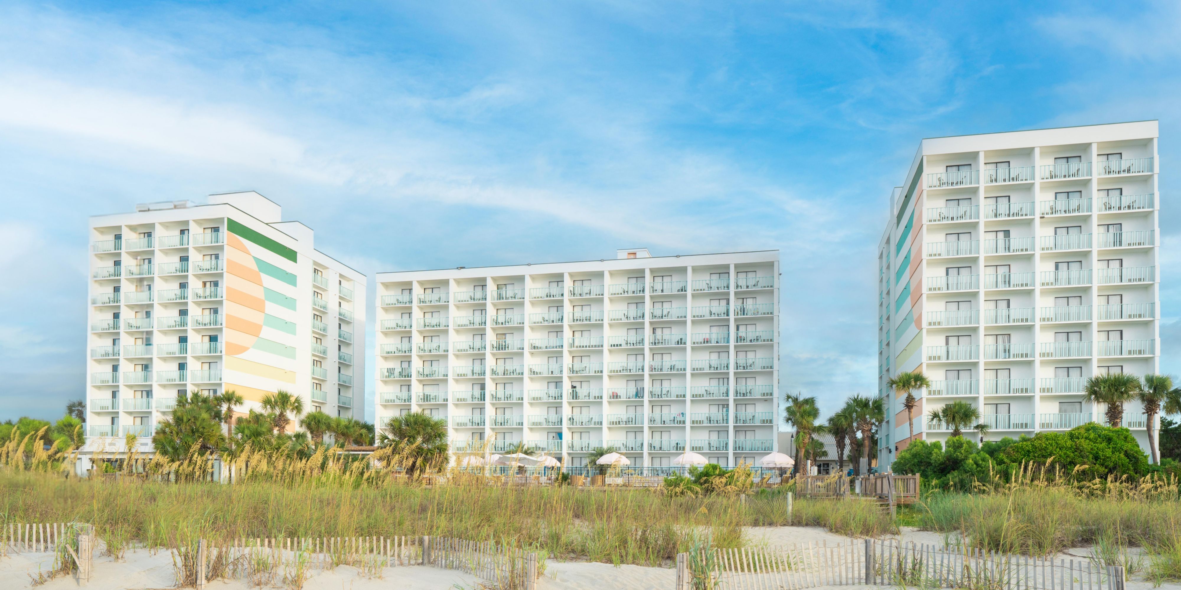 Wake up to waves, unwind to sunsets. Our oceanfront location offers sweeping Atlantic Ocean views and direct beach access, made for sunrise coffee and starlit cocktails. Myrtle Beach is your backyard - just step outside.	