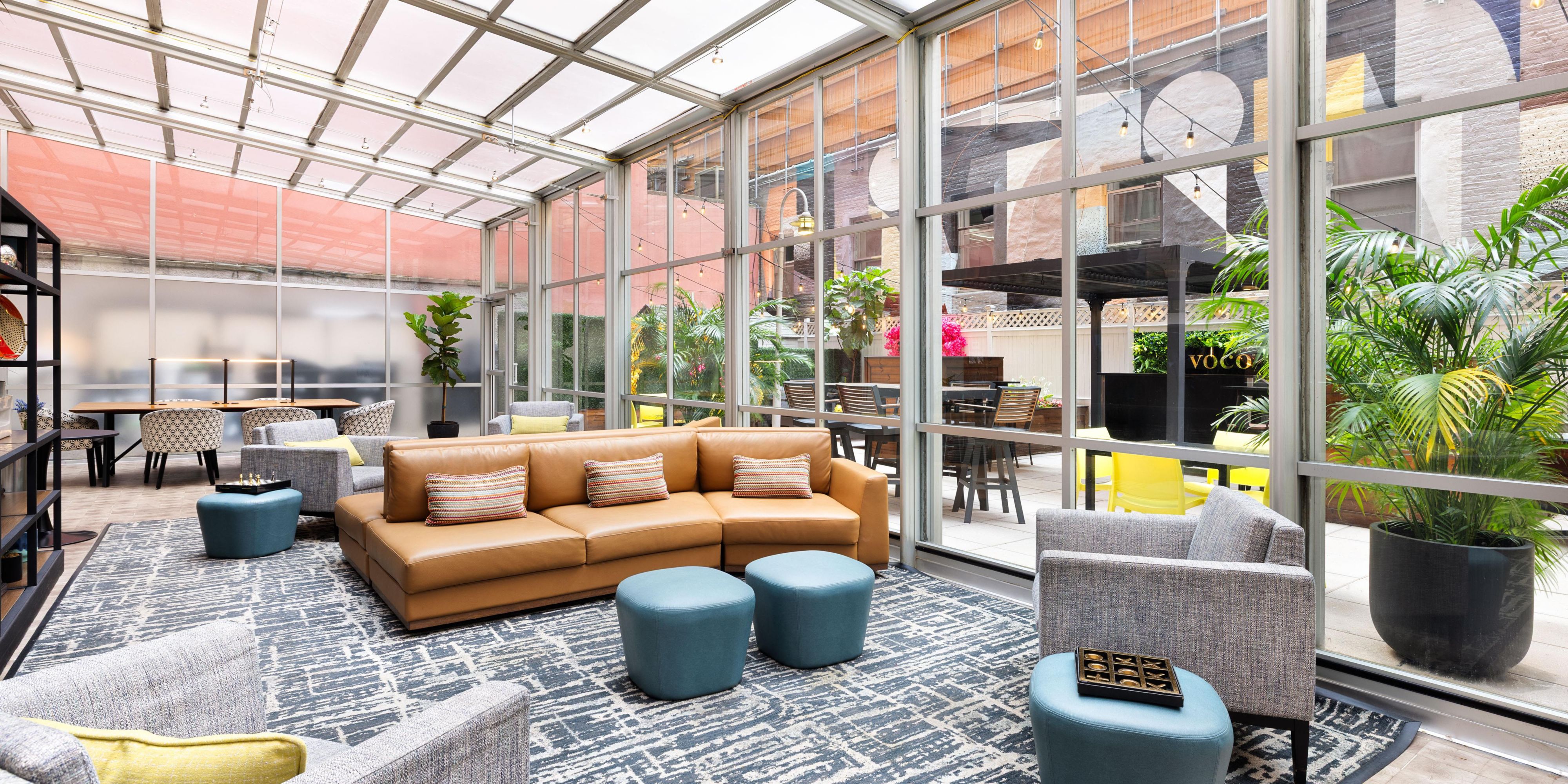 The Greenhouse at voco® Times Square South New York is a versatile space filled with natural light, perfect for collaborative meetings, creative workshops, or casual gatherings. With space for up to 50 guests, it offers a refreshing environment for work or play, making it an ideal spot to connect, unwind, or get inspired.