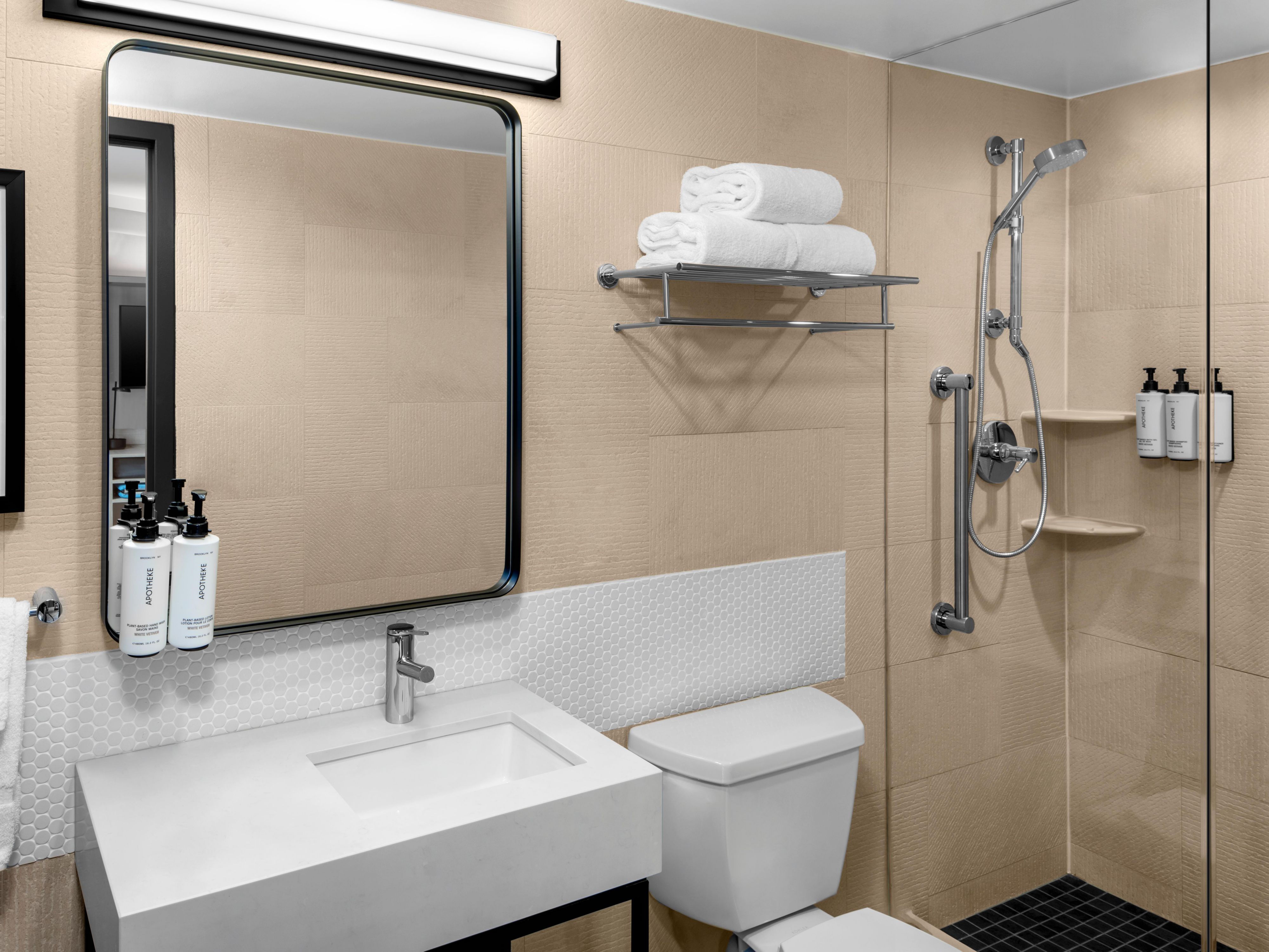 New and spacious guest bathroom at NYC hotel near Times Square.