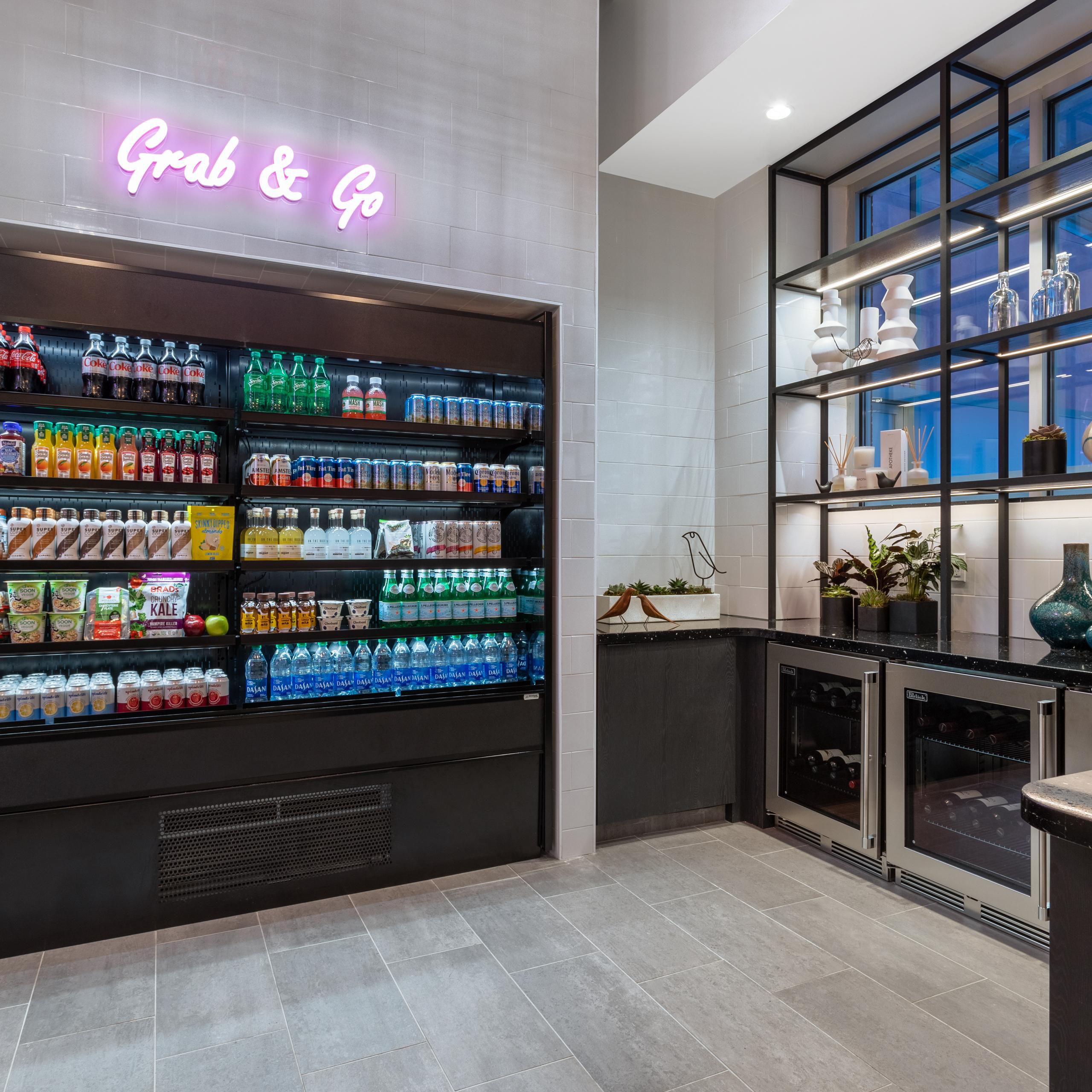 The grab and go market is open 24/7 for drinks and snacks.