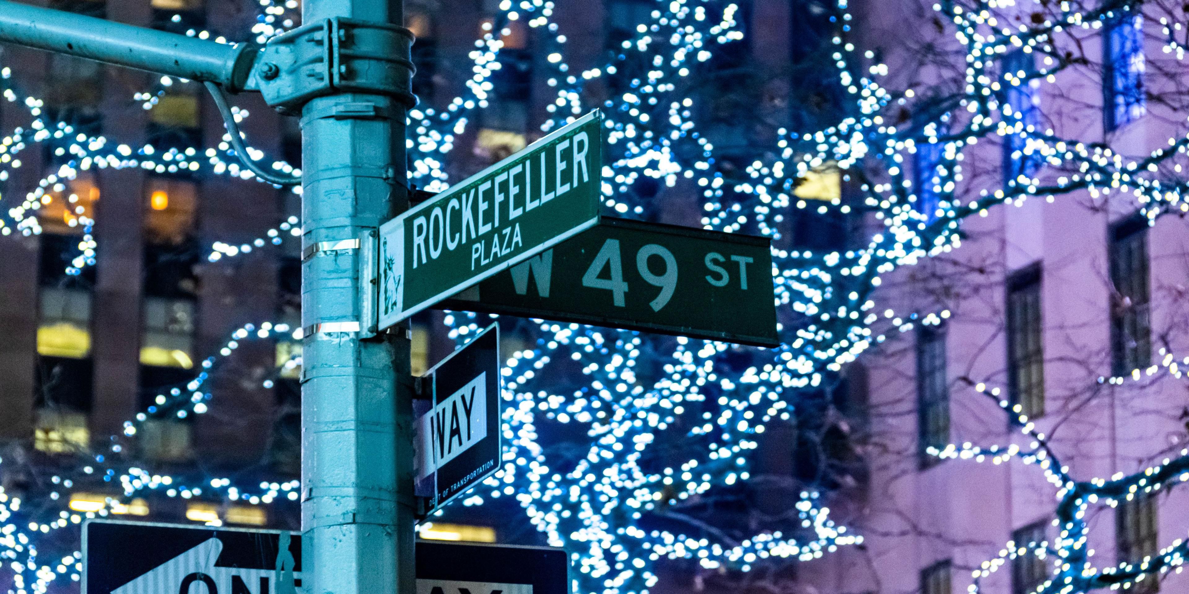 Rockefeller Sign and winter lights