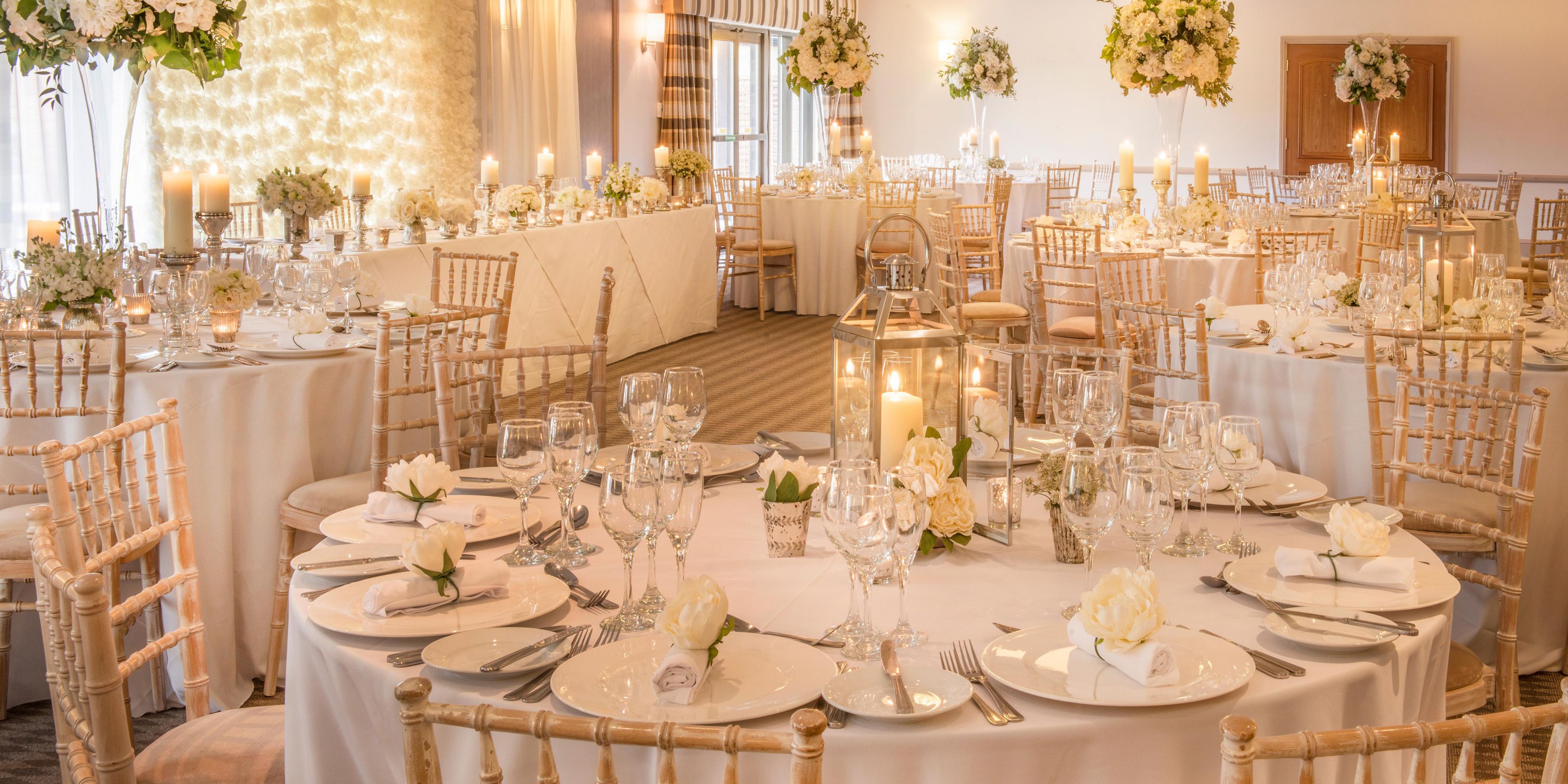 Banquet room decorated for a wedding