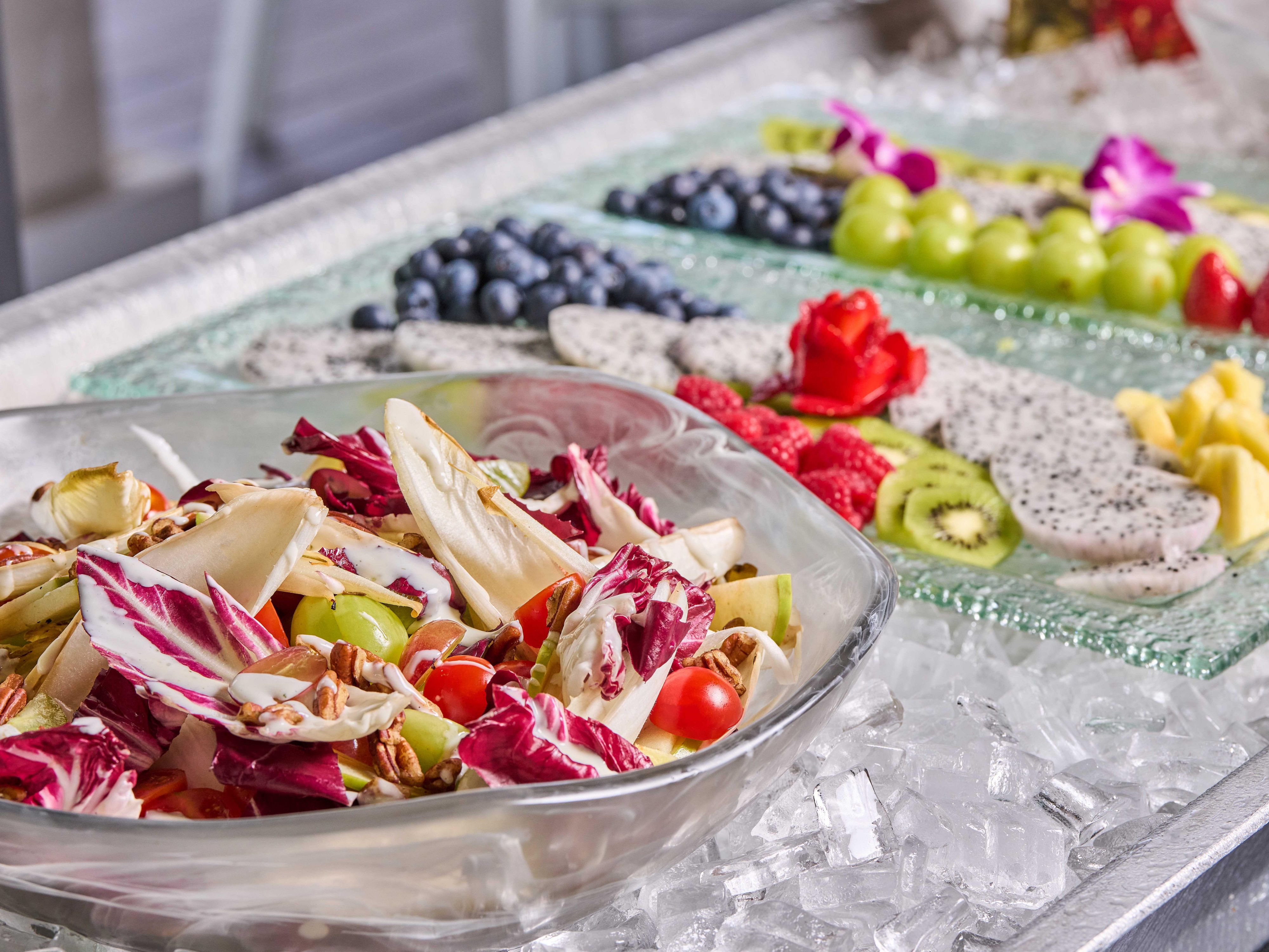 Buffet display of fruits and vegetables