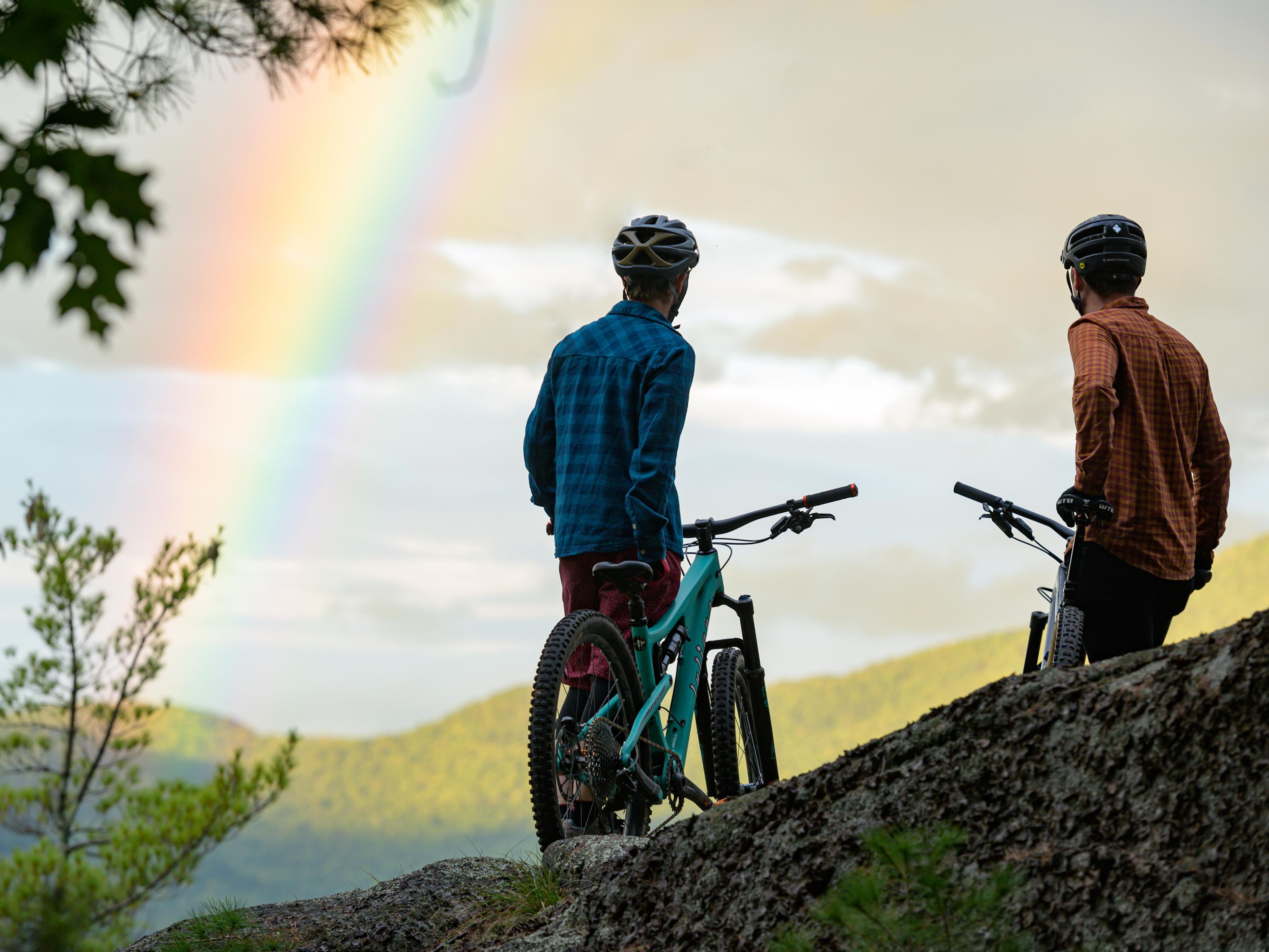 Men standing mountaintop with their bikes.