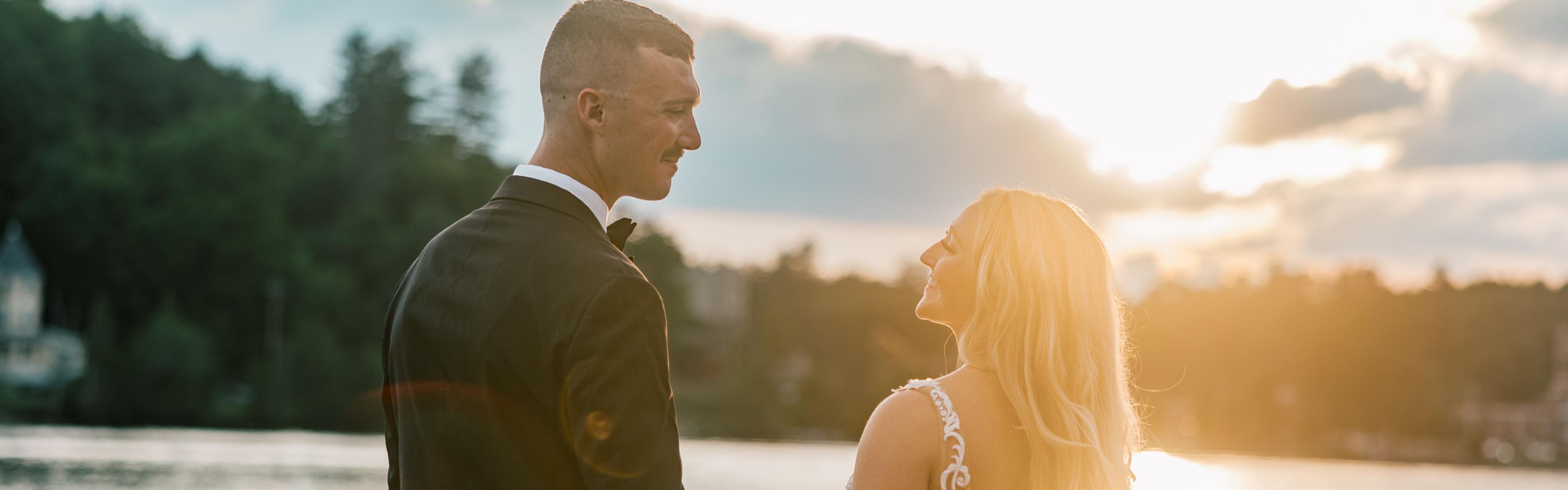 Bride and groom looking into each others eyes