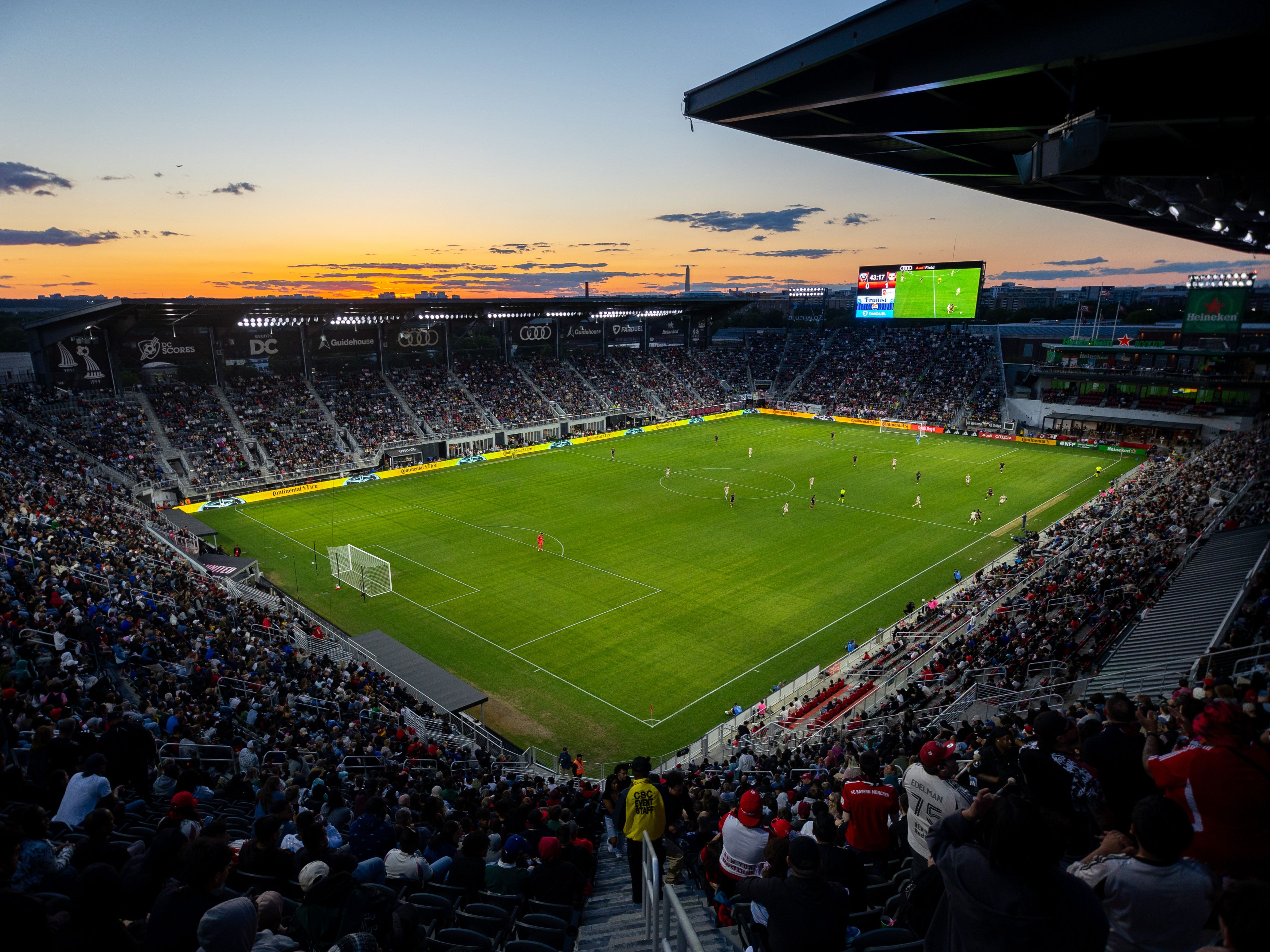 Audi Field filled with fans watching a soccer match.