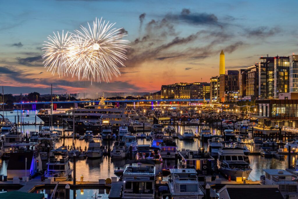 The Wharf at night with fireworks.
