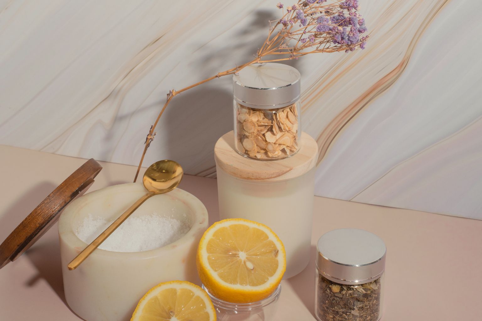 Lavender, lemon, and bath salts for a spa treatment at The Wharf