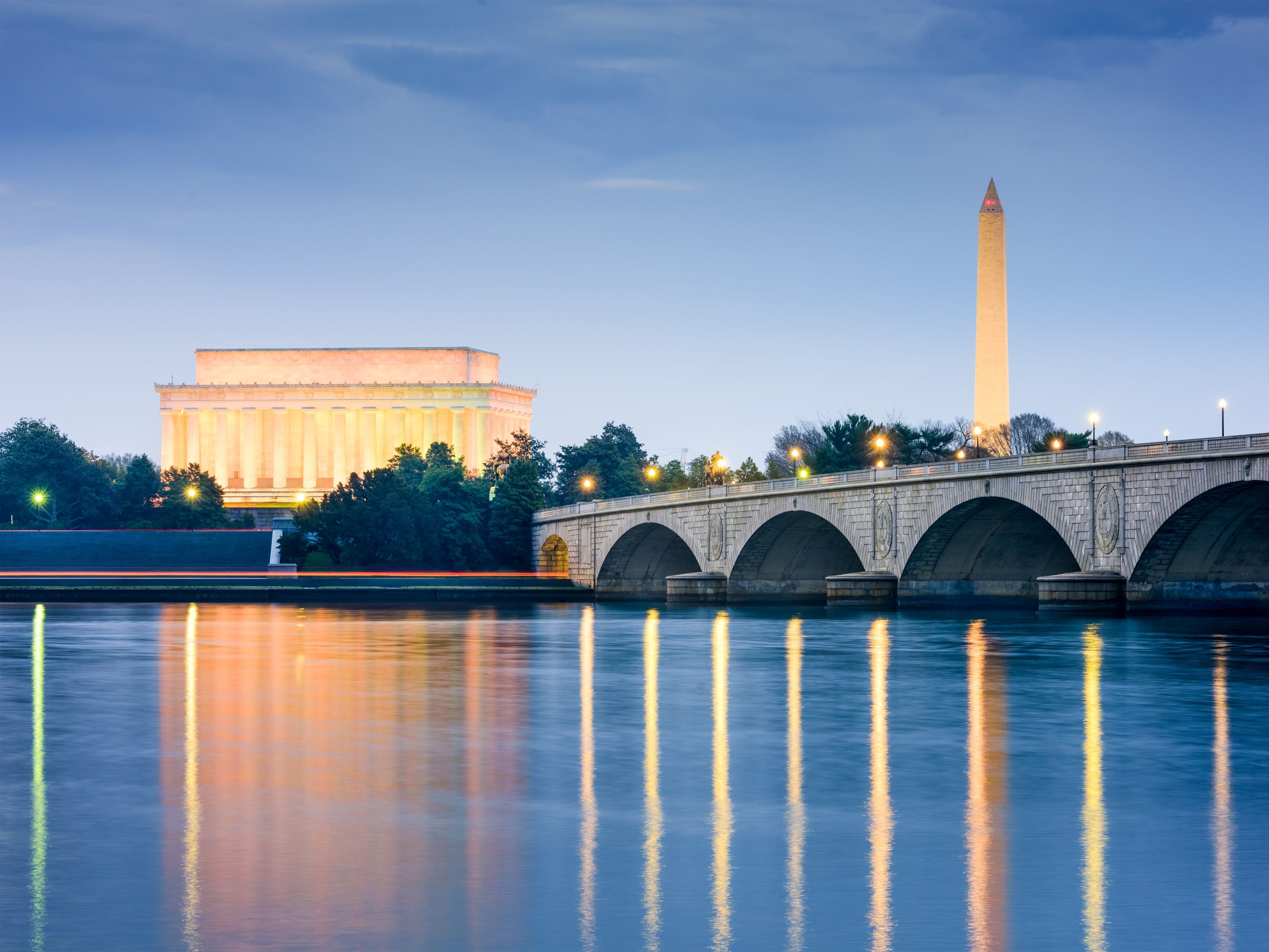 Potomac River with view of iconic DC landmarks.