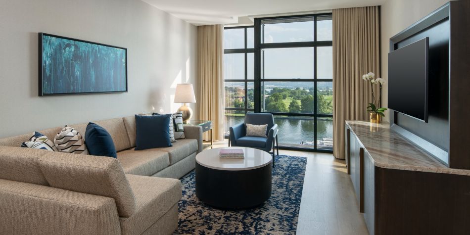 Suite living room with wharf views.