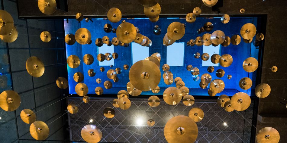 Cymbal chandelier artwork at The Anthem.
