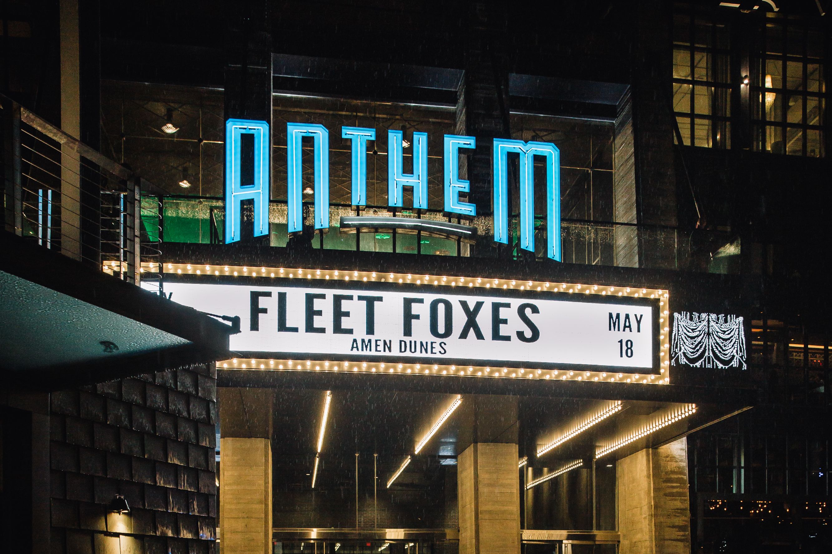 The Anthem light-up sign outside the building, with a Fleet Floxes banner underneath.