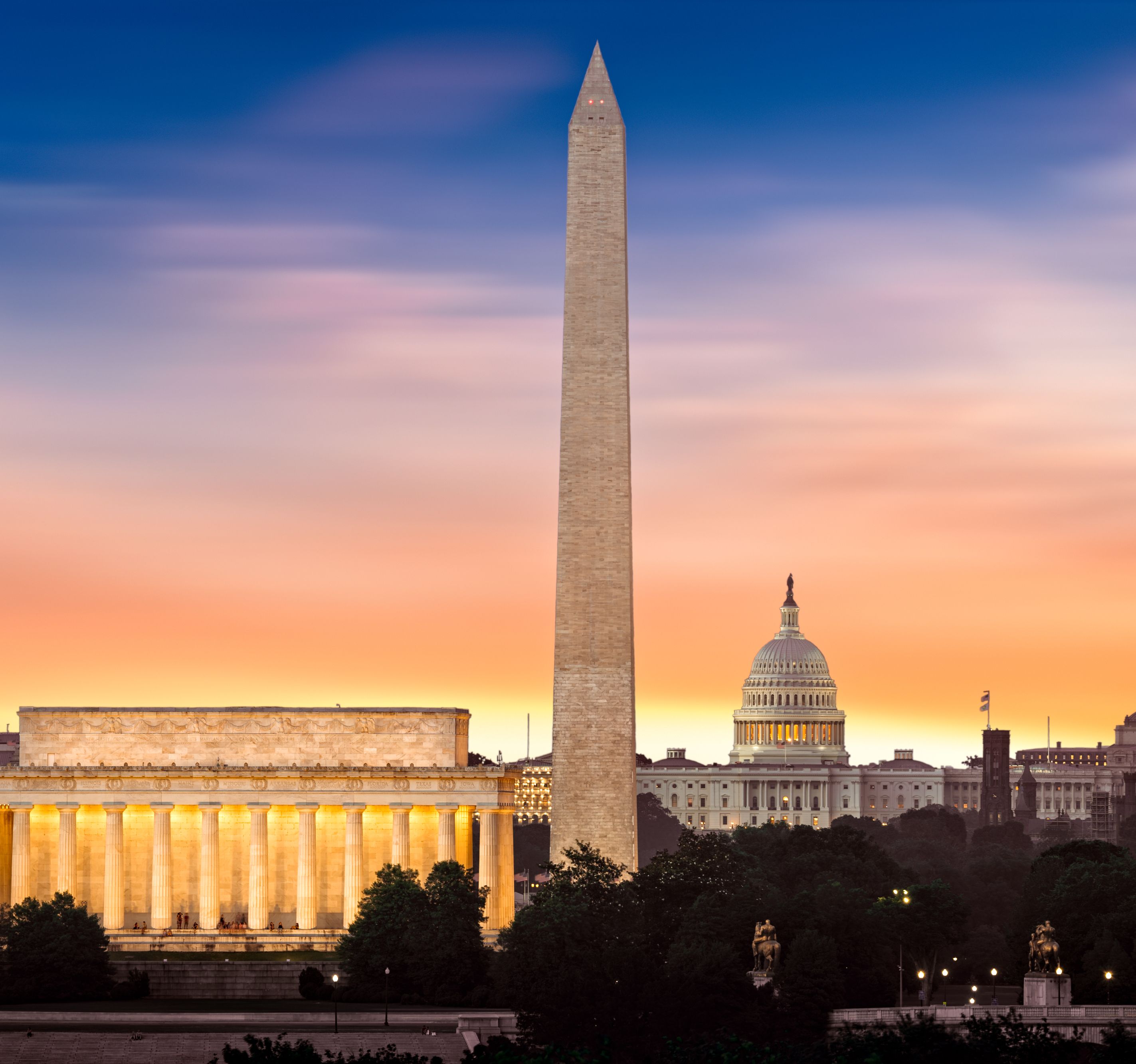 Washington Monument, Lincoln Memorial and Capitol at sunset