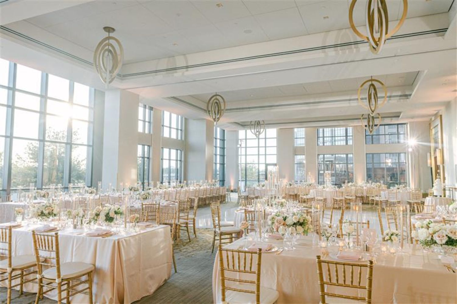 Ballroom set up for a wedding reception.