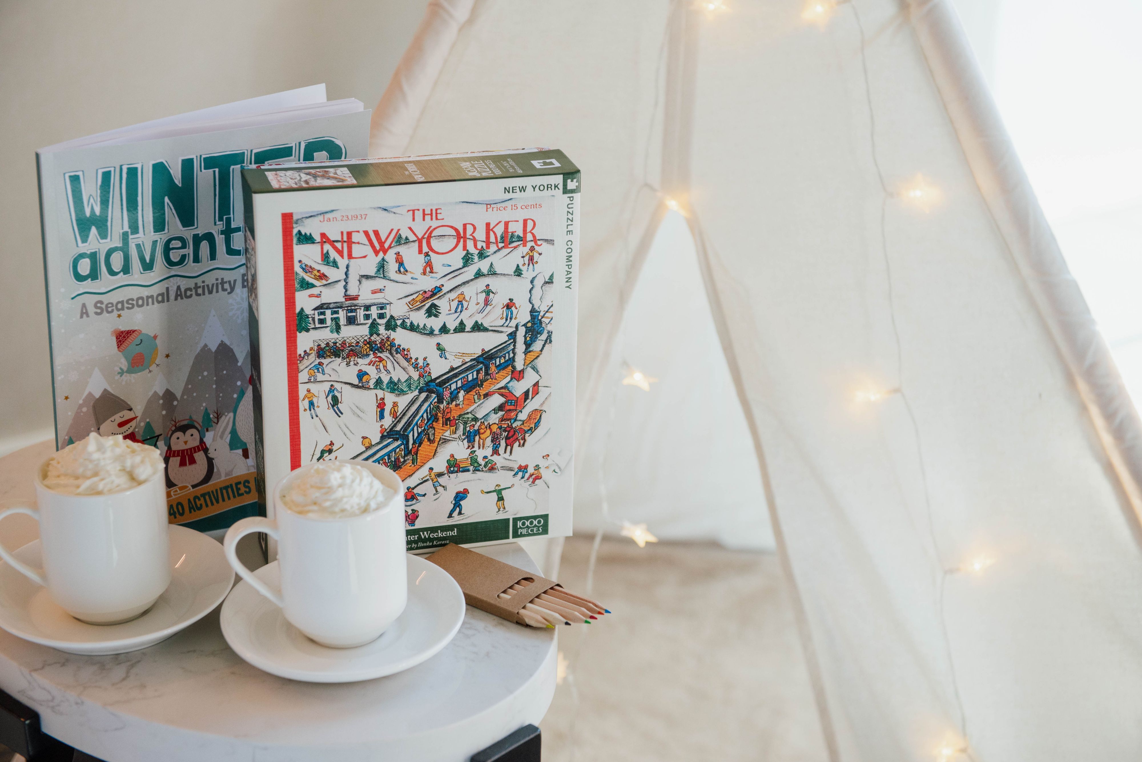 Winter books open on table
